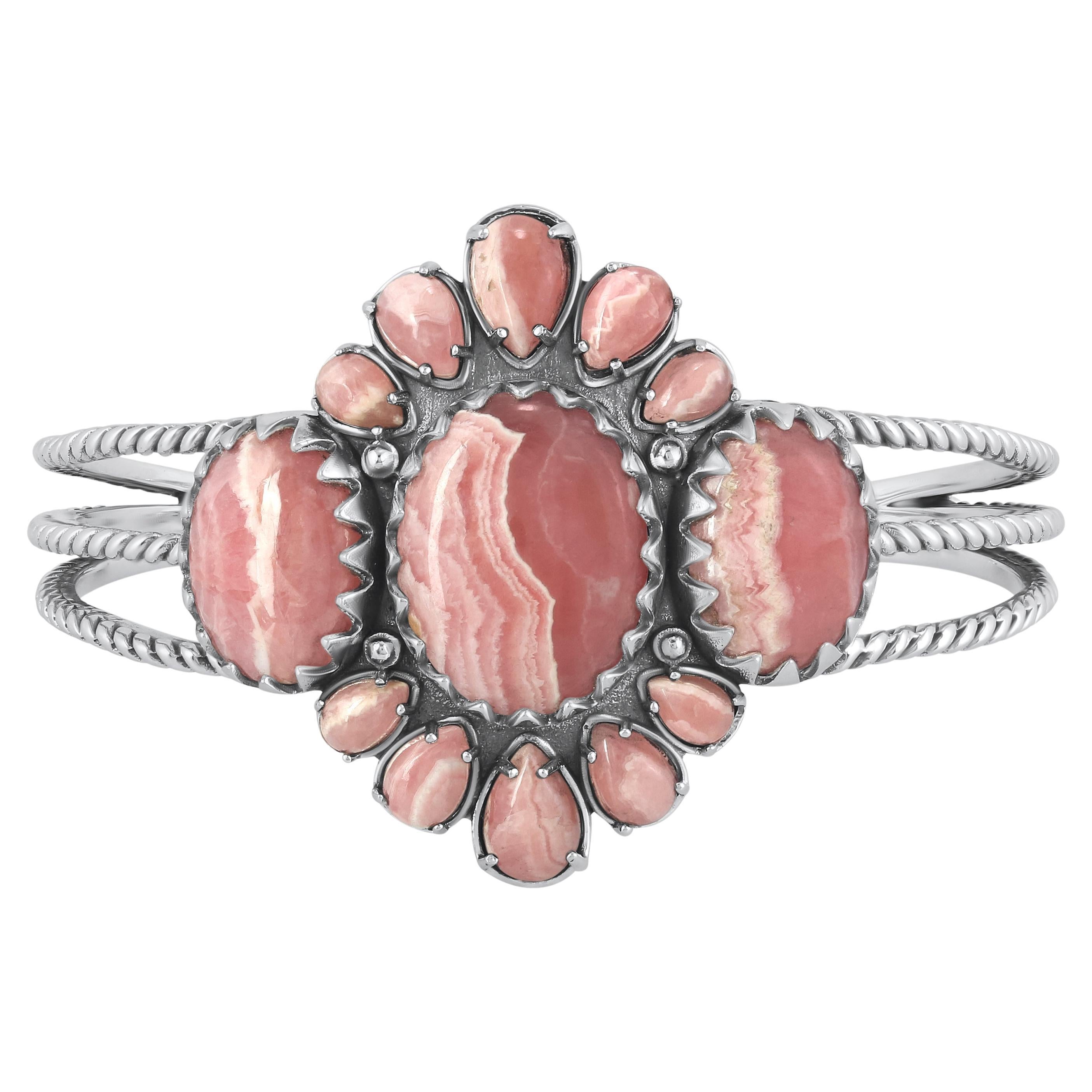 American West Sterling Silver Oval and Pear Rhodochrosite Cuff Bracelet , Averag For Sale