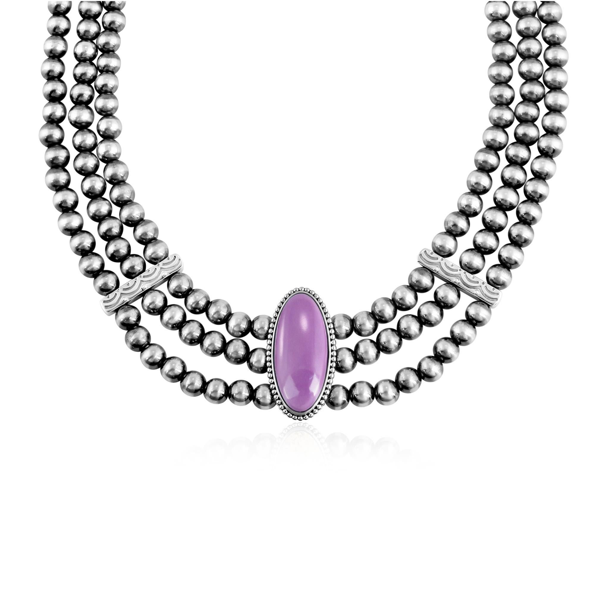 Collar de Cuentas de Plata de Ley del Oeste Americano con Fosfosiderita de Corte Ovalado en Triple Fila nativo estadounidense en venta