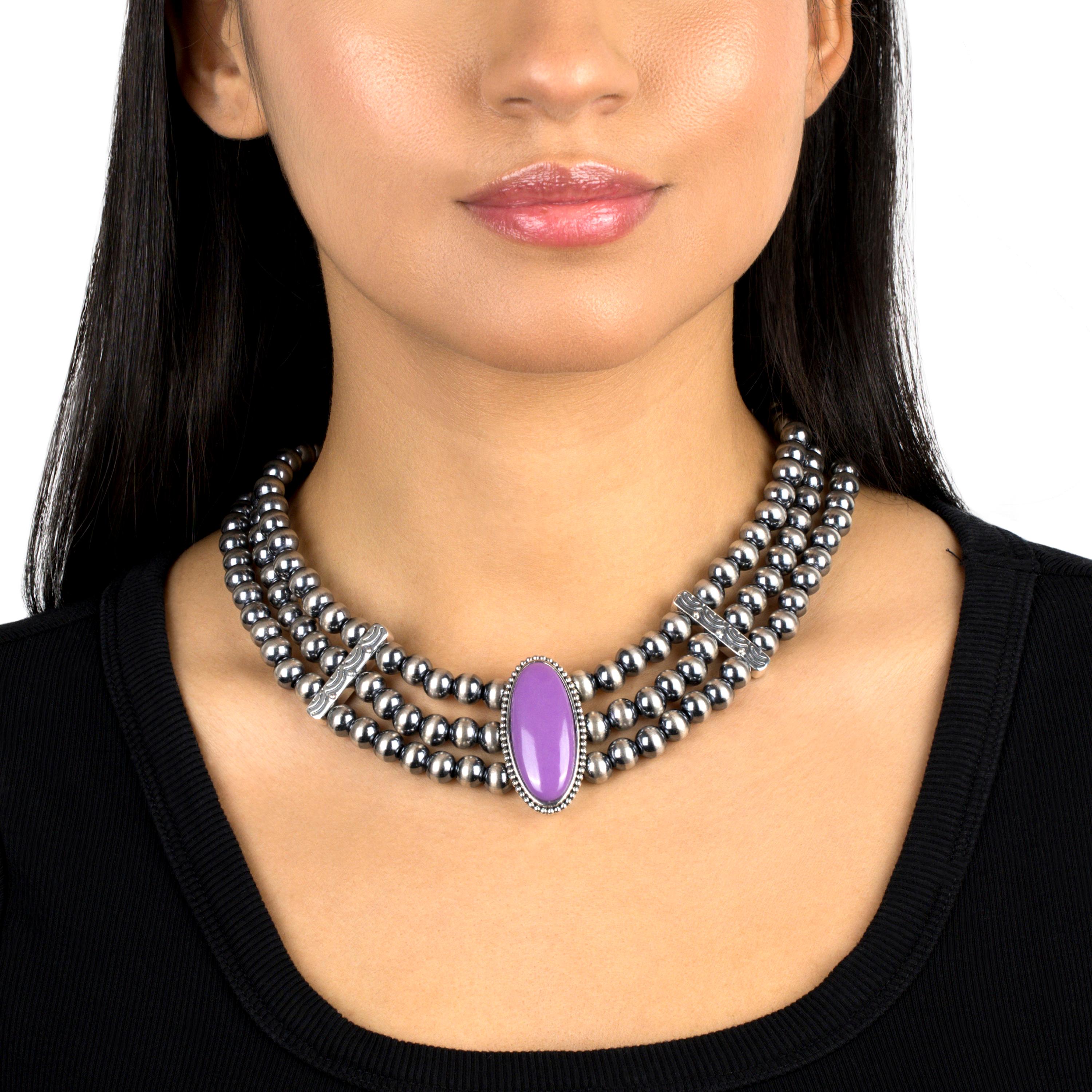 Collar de Cuentas de Plata de Ley del Oeste Americano con Fosfosiderita de Corte Ovalado en Triple Fila en venta 1