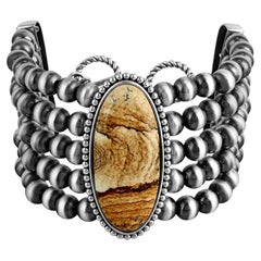 AMerican West Sterling Silver Picture Jasper Oval Cut Beaded Toggle Bracelet