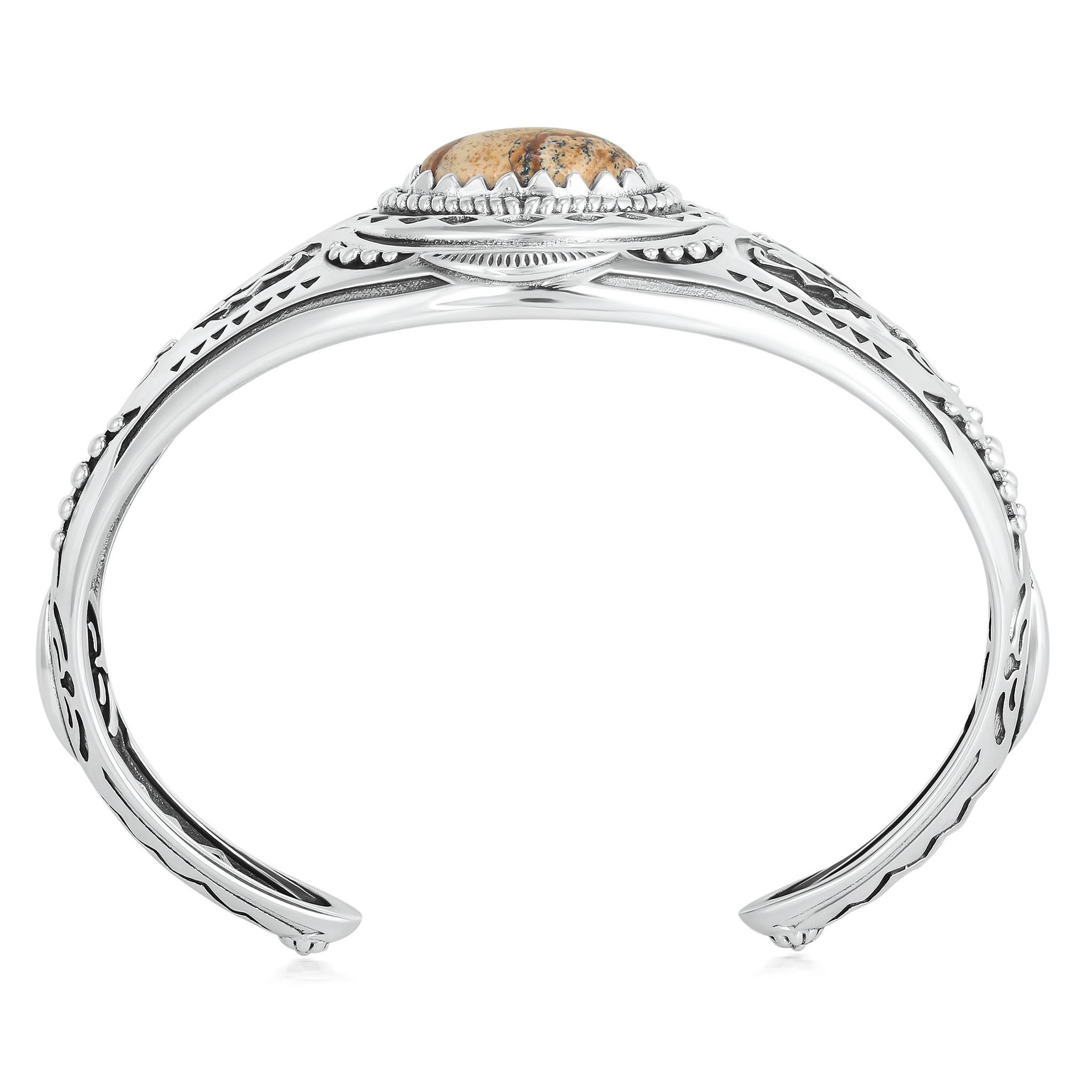 Amérindien Bracelet manchette American West en argent Sterling Jaspe Picture Oval Cut Bear en vente