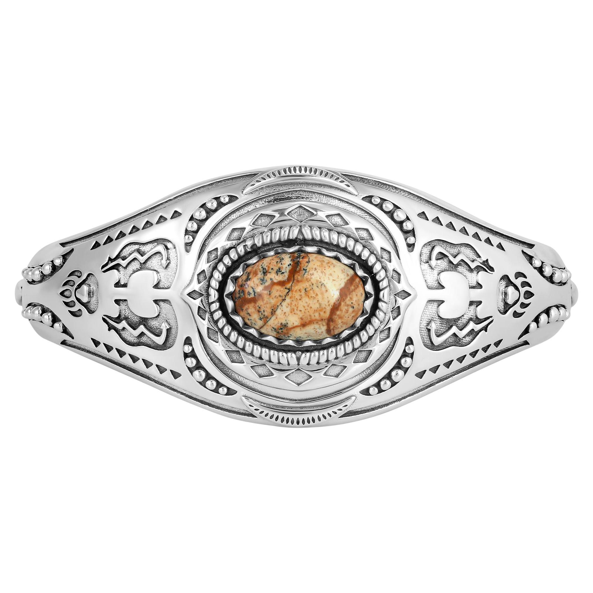 Bracciale con orso taglio ovale in argento sterling American West Picture Jasper