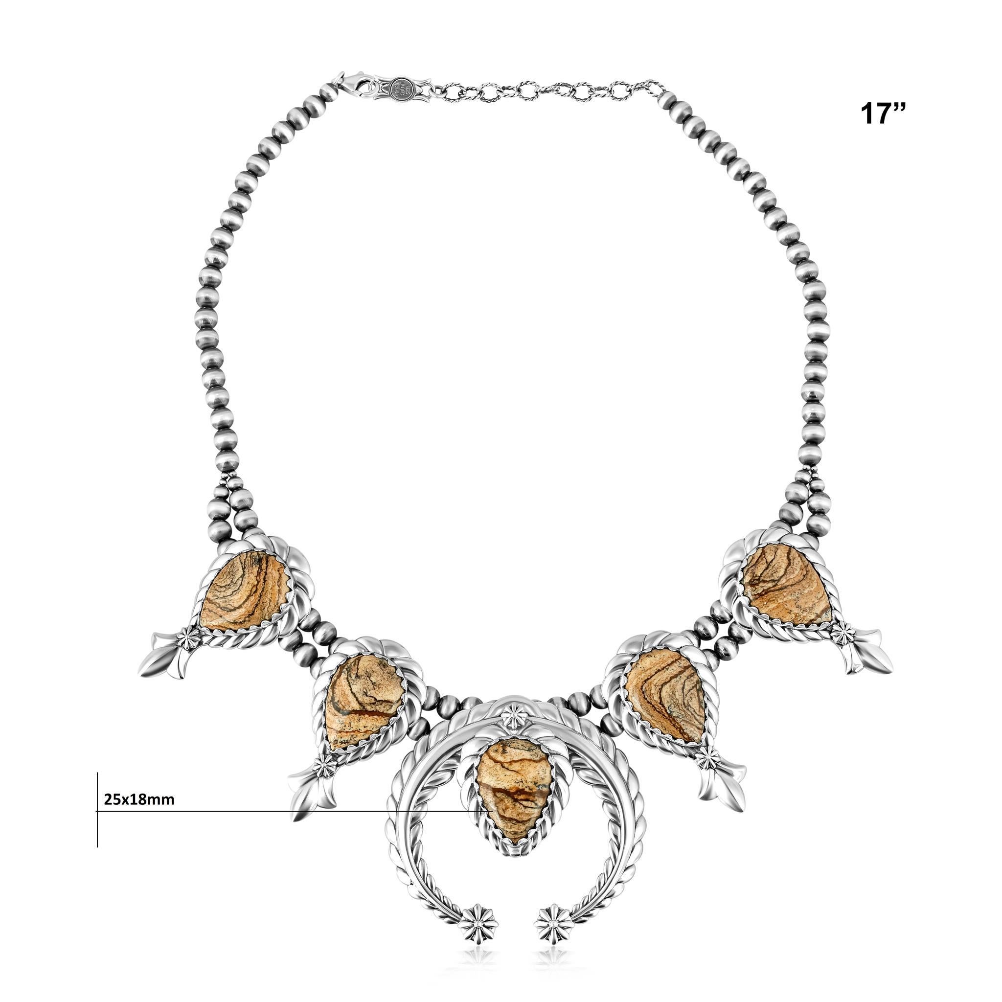 Collier en argent sterling A Silver Jaspe Picture Jasper Pear-Cut Squash Blossom (fleurs de courge coupées en poire) Neuf - En vente à New York, NY
