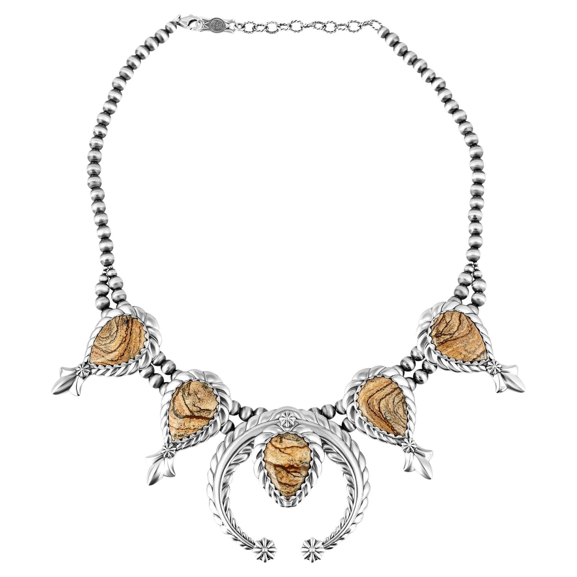 Collier en argent sterling A Silver Jaspe Picture Jasper Pear-Cut Squash Blossom (fleurs de courge coupées en poire)