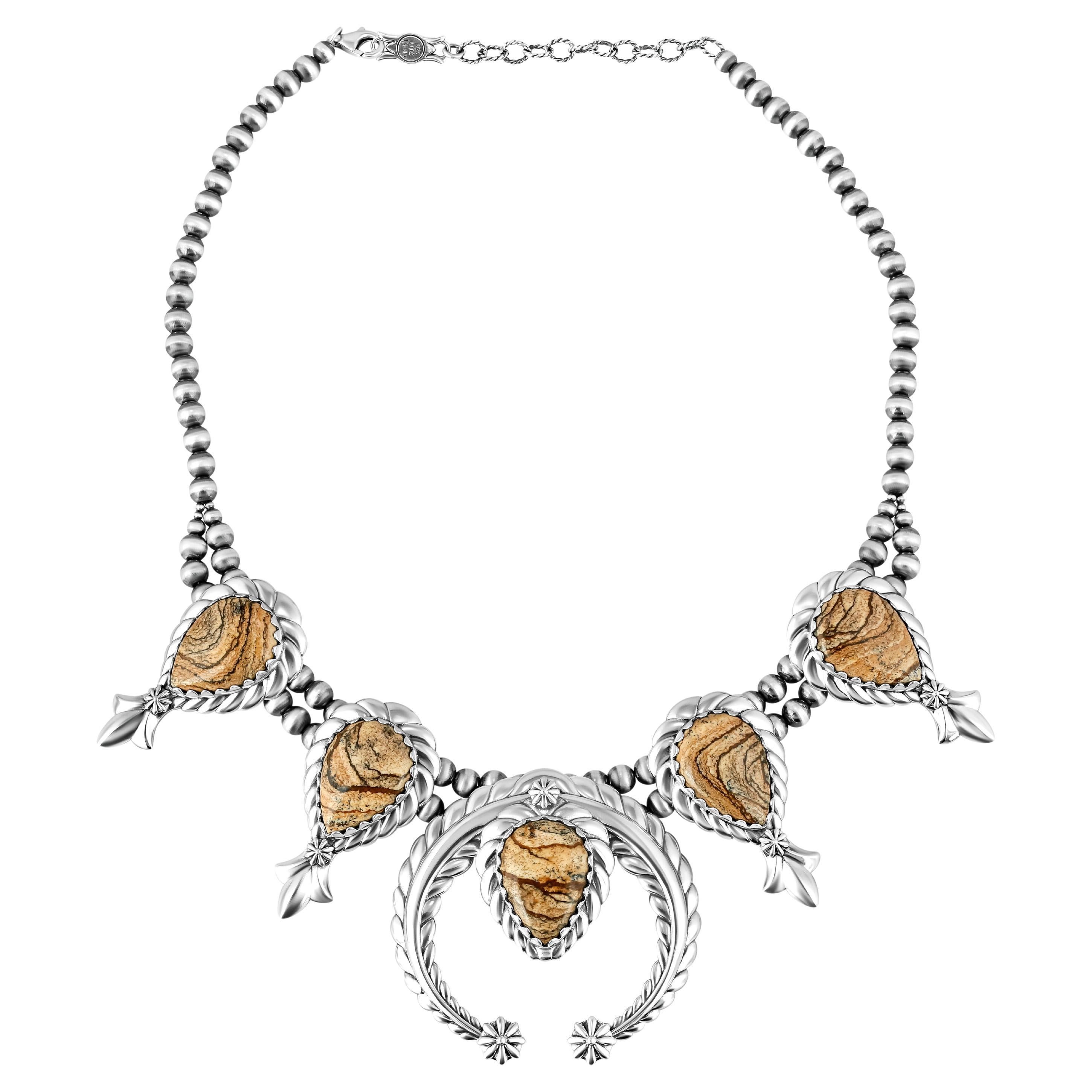 American West Sterling Silver Picture Jasper Pear-Cut Squash Blossom Necklace