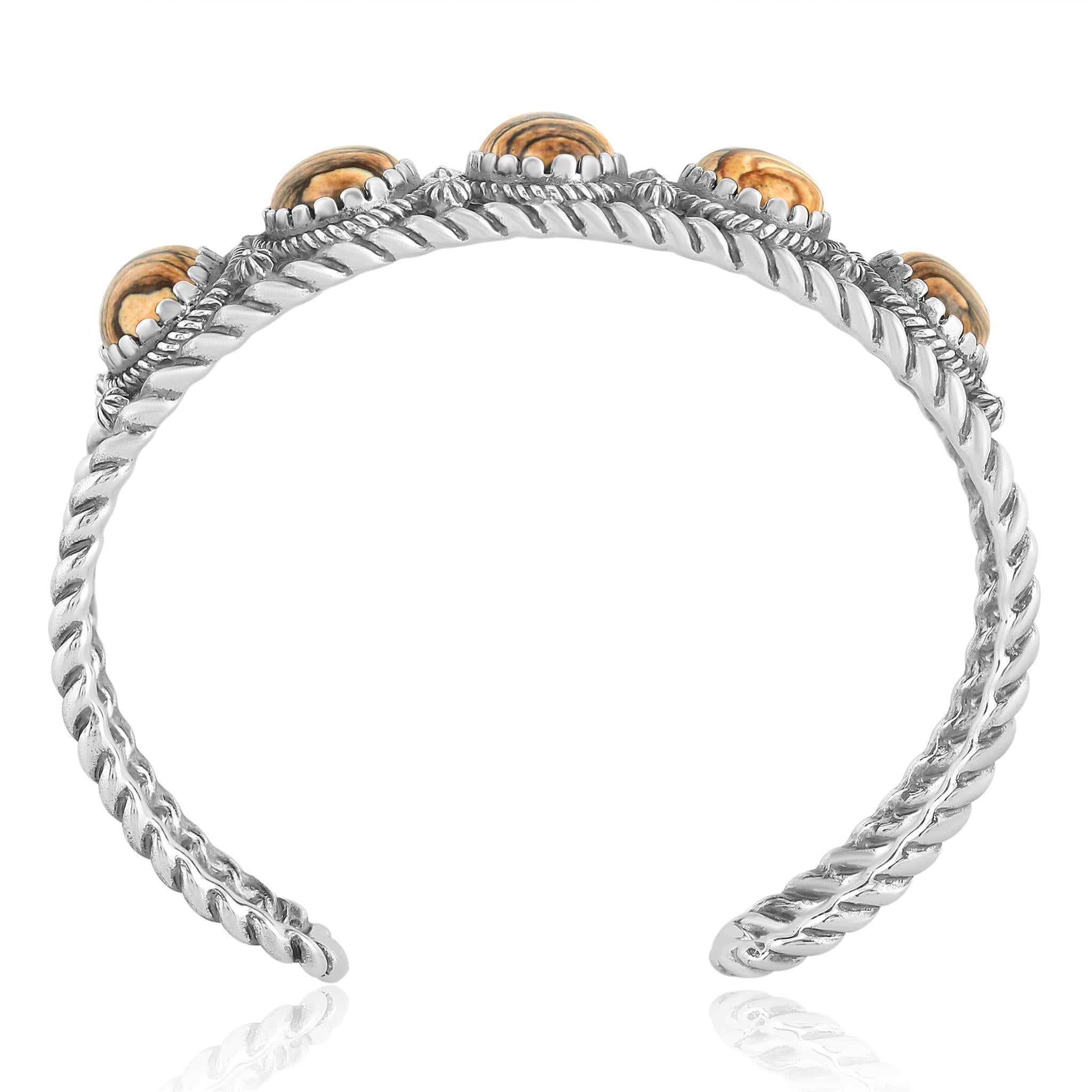Taille poire American West Sterling Silver Picture Jasper Rope Design 5-Stone Cuff Bracelet en vente