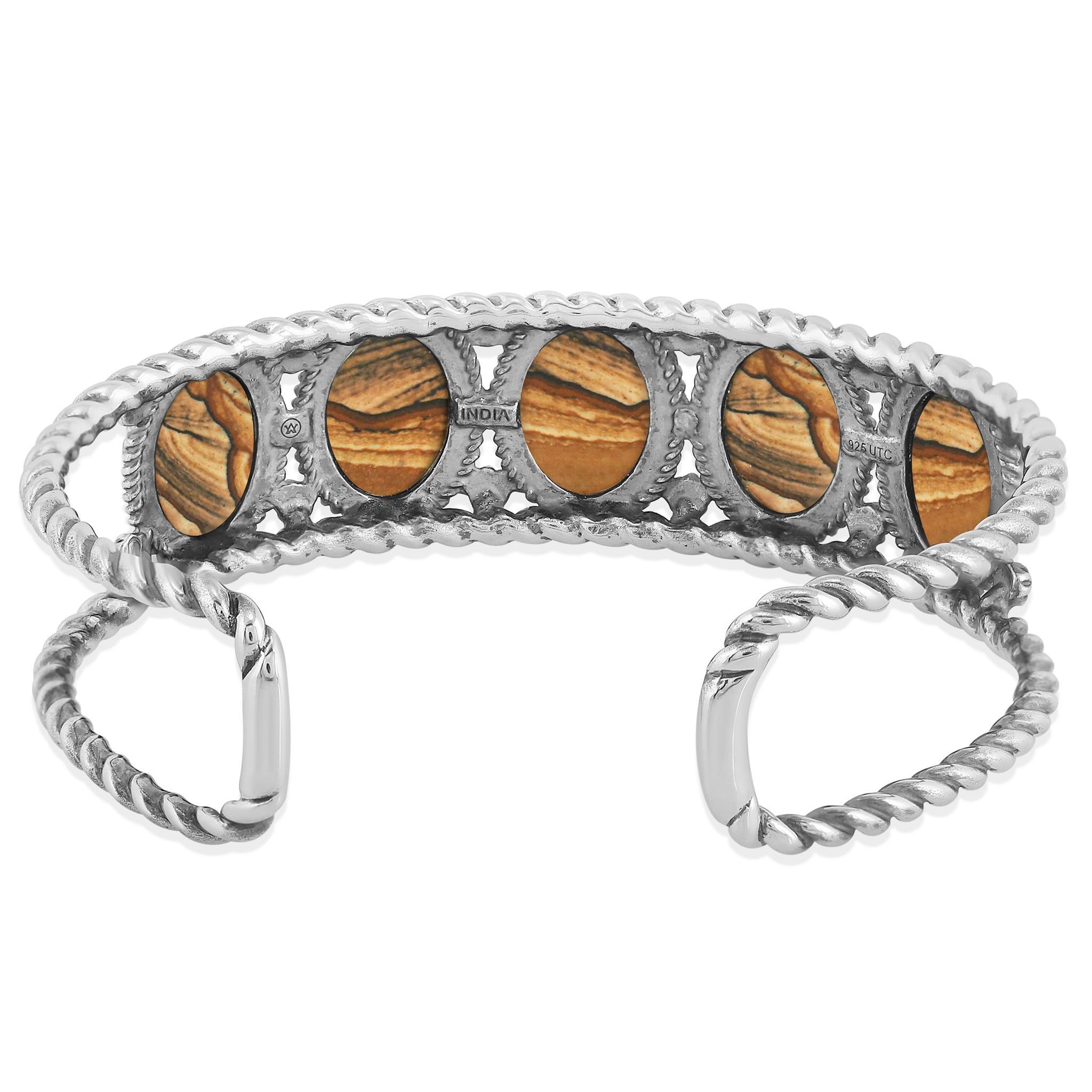 American West Sterling Silver Picture Jasper Rope Design 5-Stone Cuff Bracelet Neuf - En vente à New York, NY