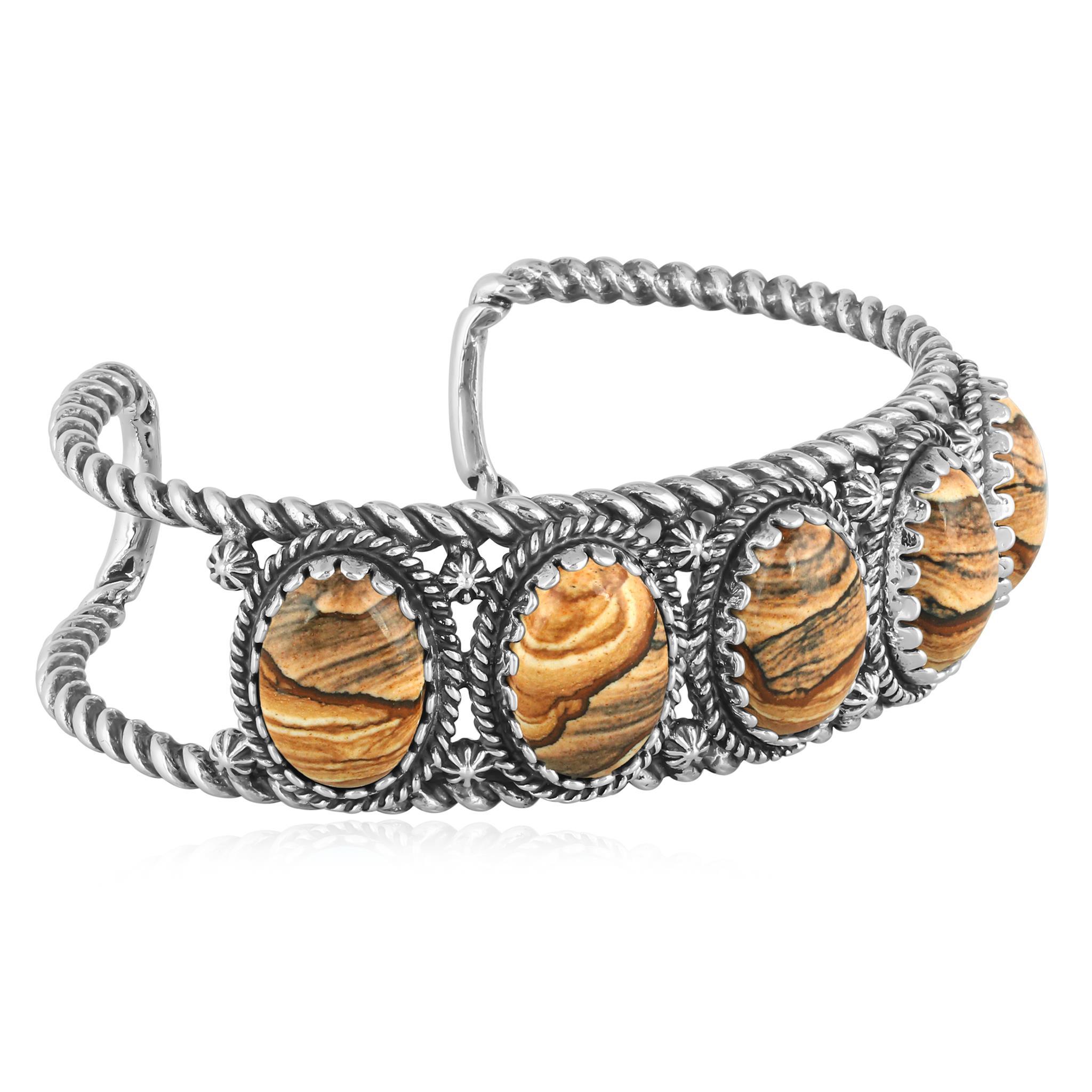 American West Sterling Silver Picture Jasper Rope Design 5-Stone Cuff Bracelet Pour femmes en vente