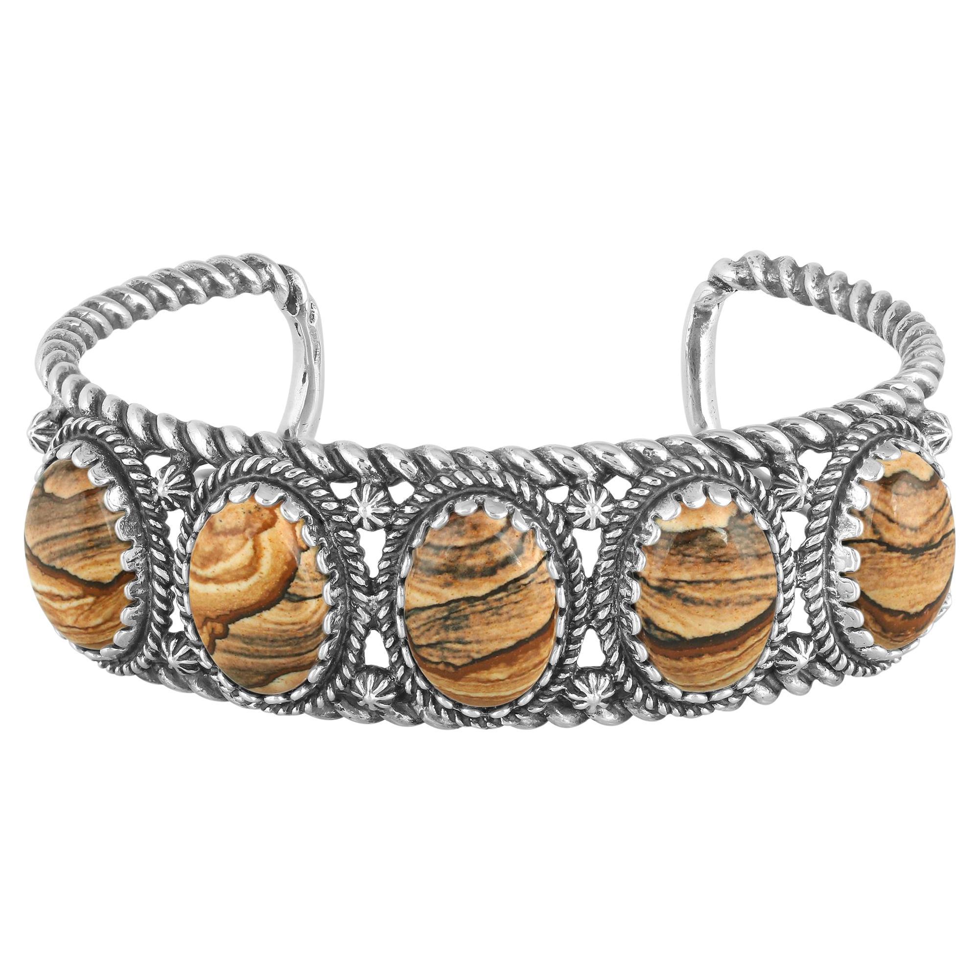 American West Sterling Silver Picture Jasper Rope Design 5-Stone Cuff Bracelet