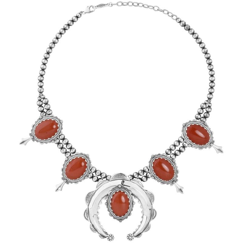 Amérindien Collier Naja en argent sterling American West Jaspe rouge Squash Blossom en vente
