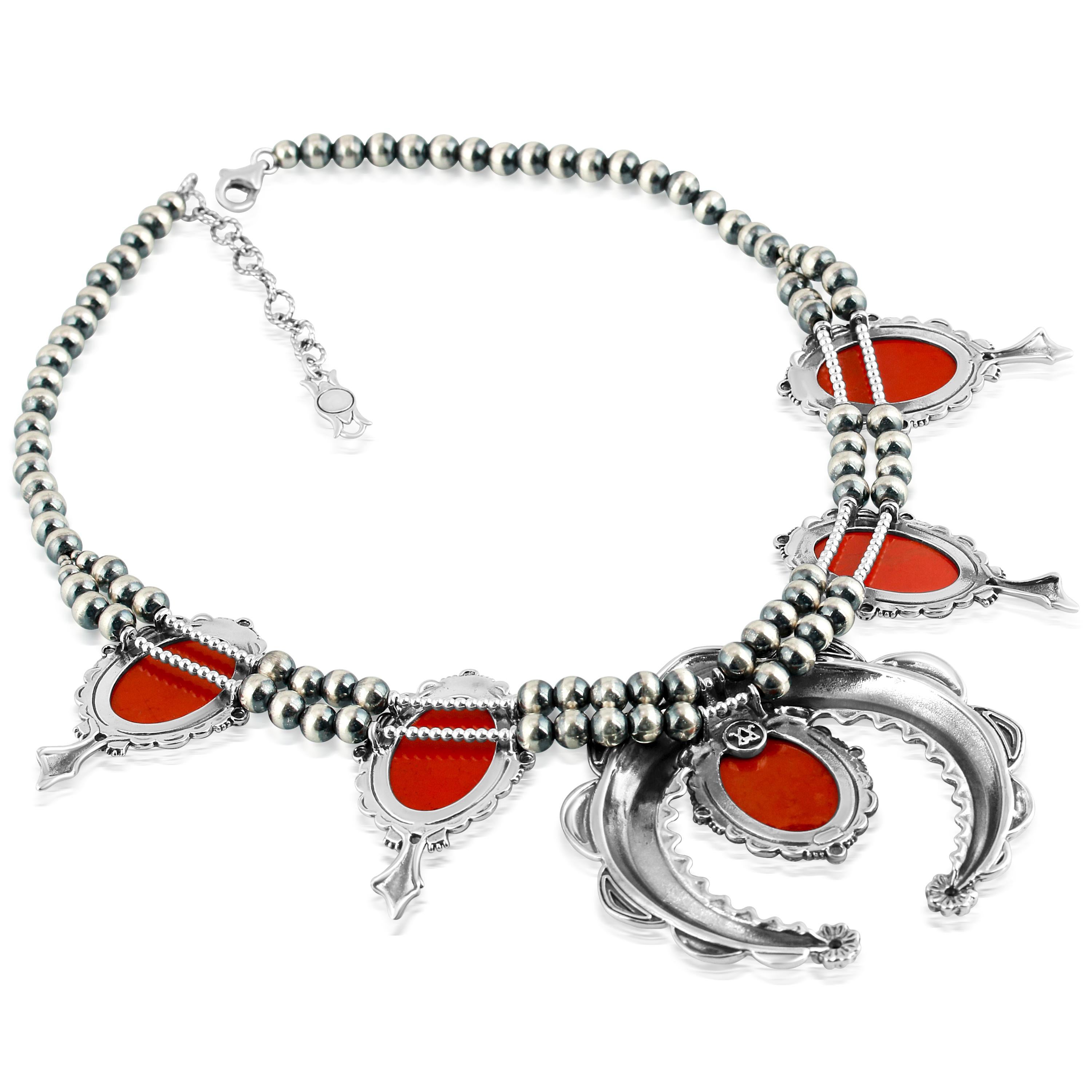 Taille poire Collier Naja en argent sterling American West Jaspe rouge Squash Blossom en vente
