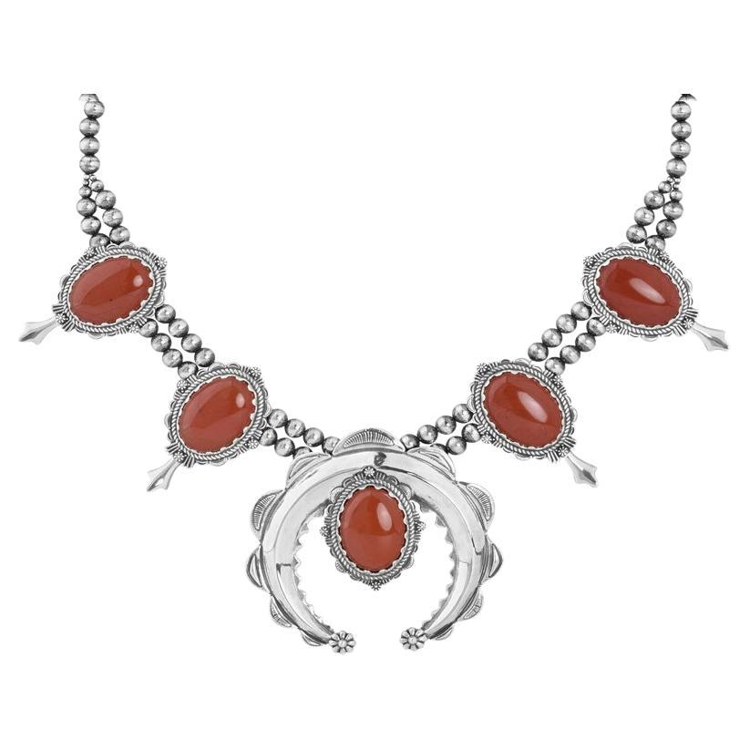 Collier Naja en argent sterling American West Jaspe rouge Squash Blossom