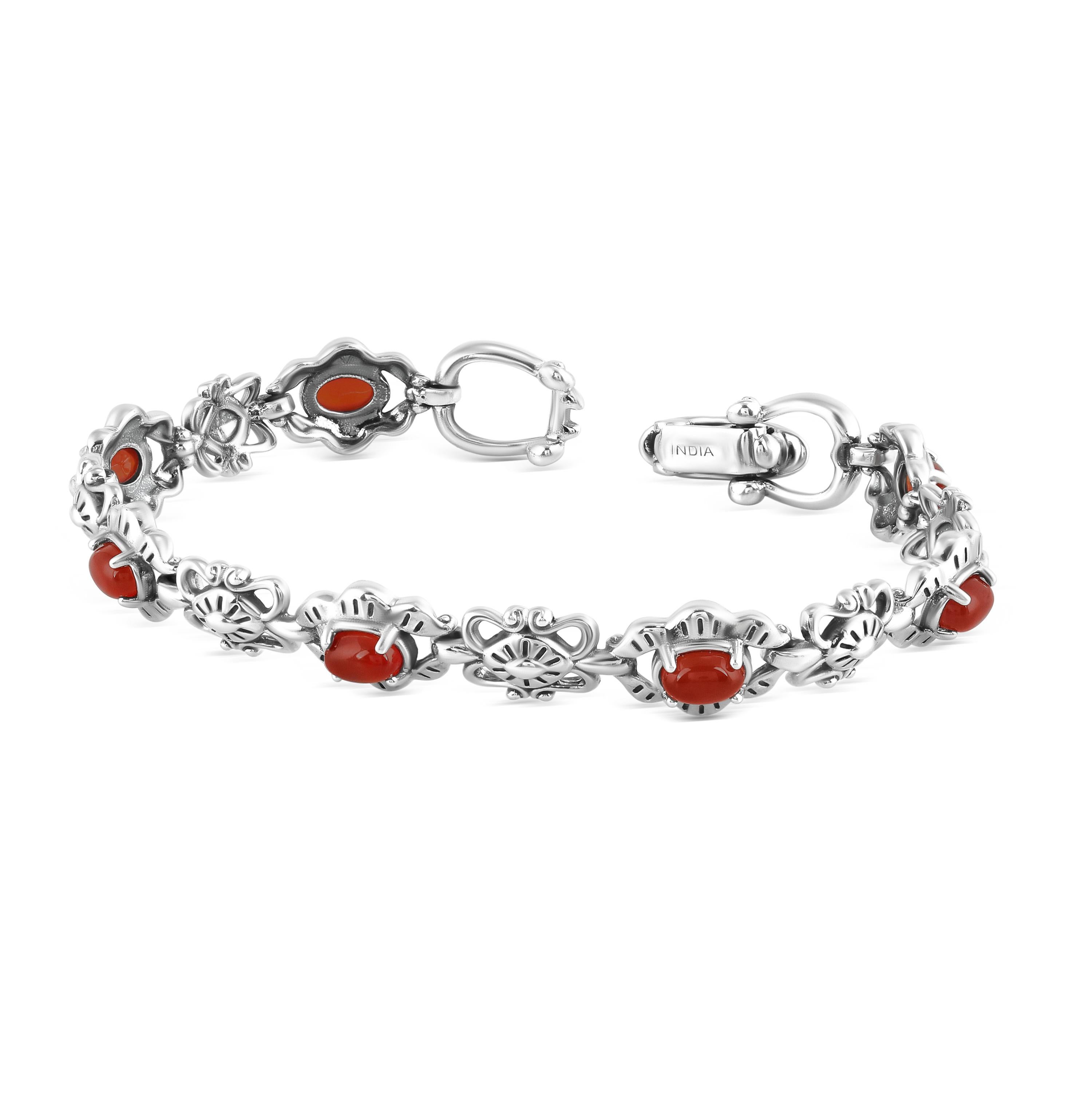 Oval Cut American West Sterling Silver Red Onyx Gemstone Concha Link Bracelet For Sale