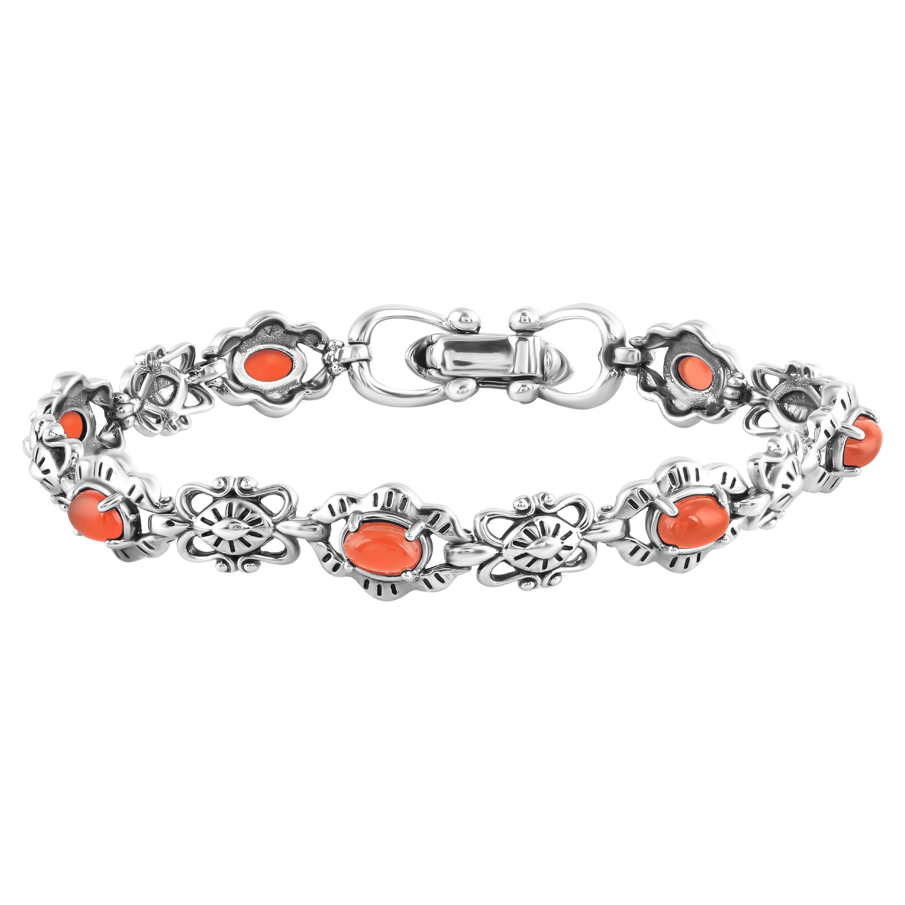 A Silver A Link Bracelet Concha en argent sterling avec pierres précieuses Onyx rouge