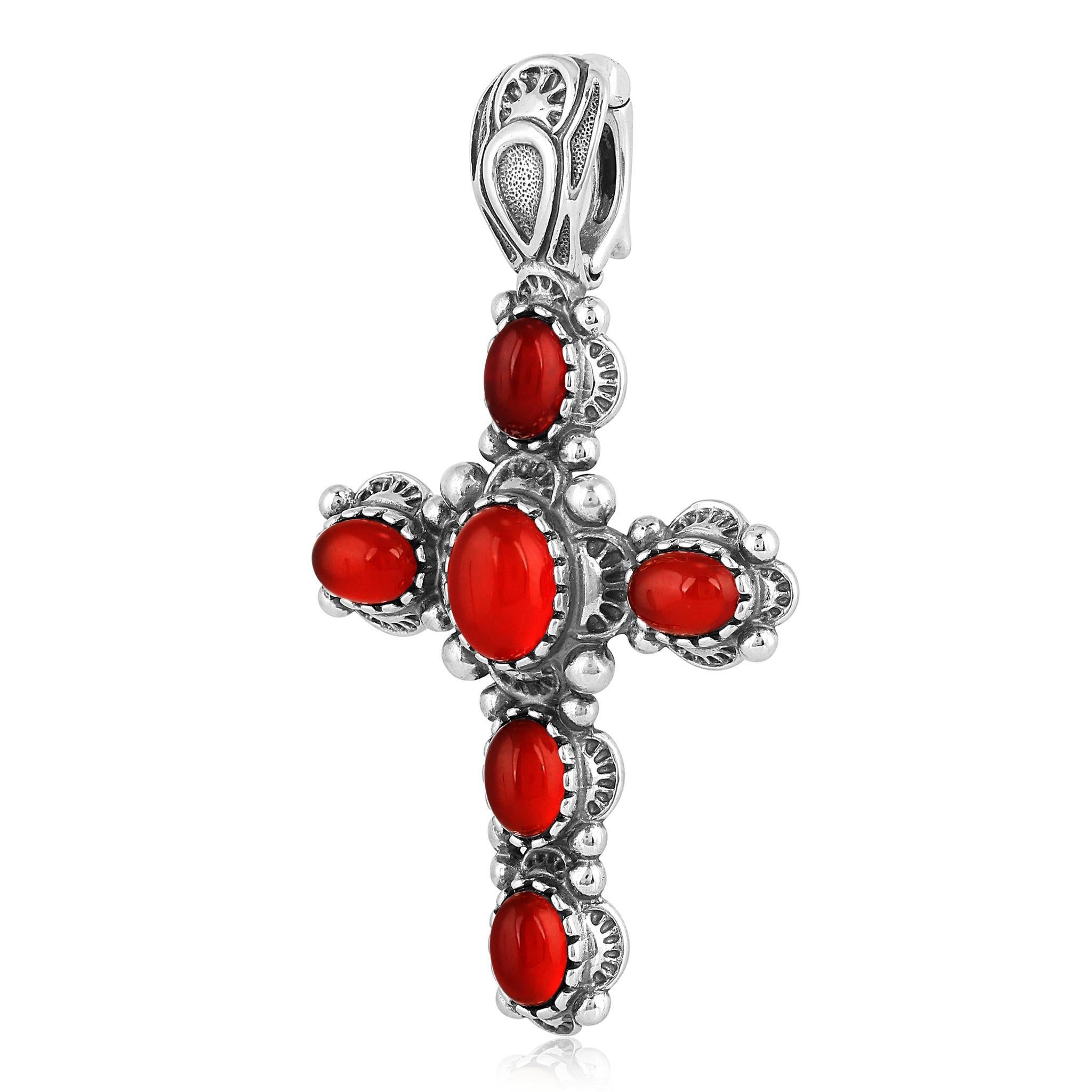 Amérindien Pendentif en argent Sterling American West Red Onyx Gemstone Cross Design Enhancer (pendentif en forme de croix) en vente