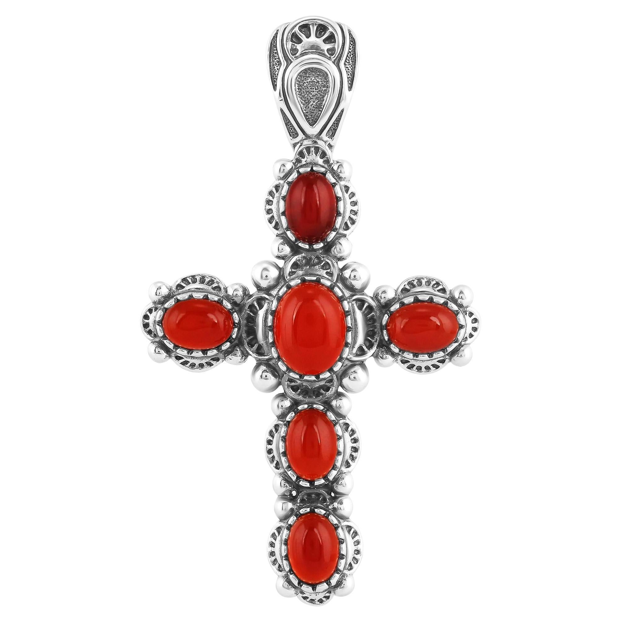 Pendentif en argent Sterling American West Red Onyx Gemstone Cross Design Enhancer (pendentif en forme de croix) en vente
