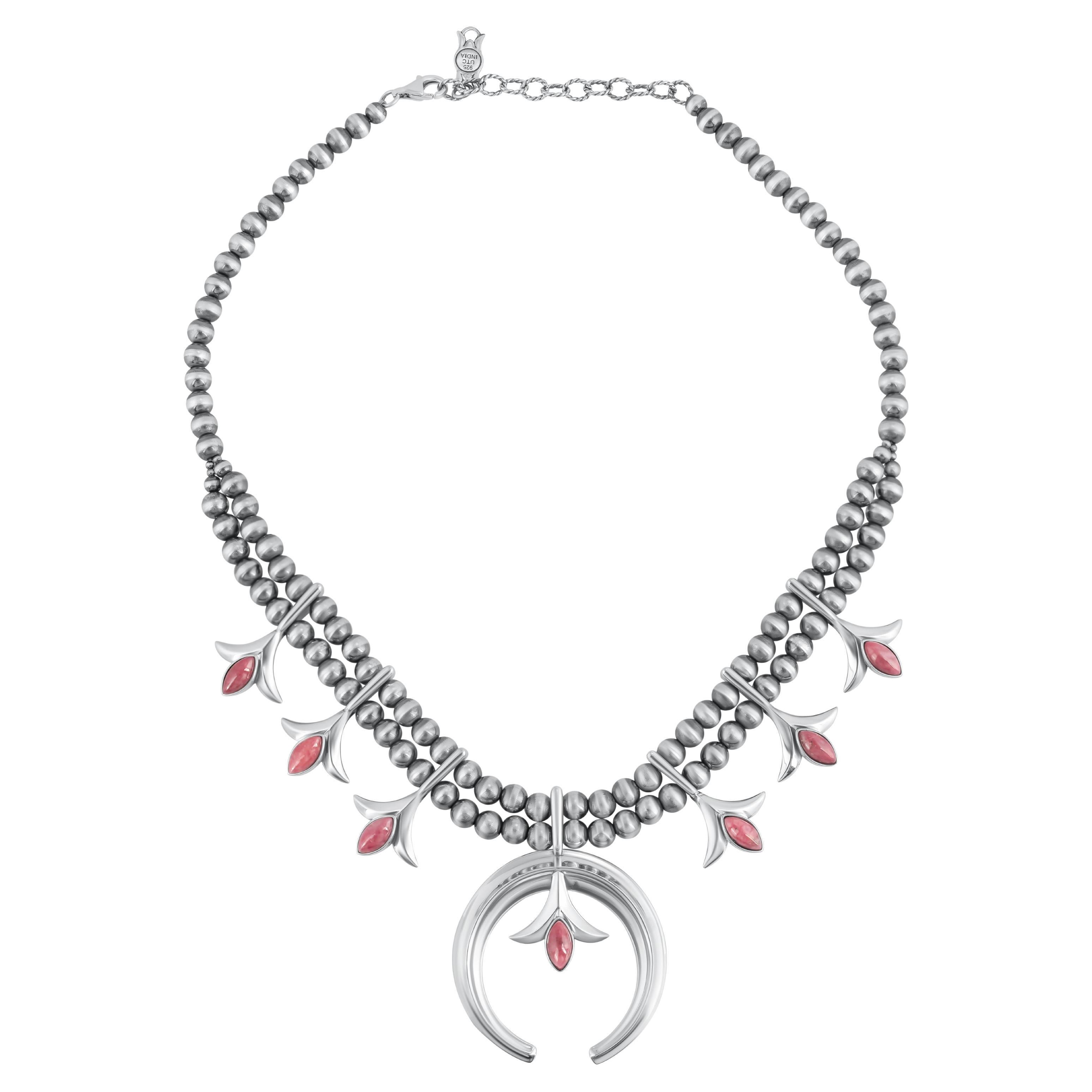 American West Sterling Silver Rhodonite Gemstone Squash Blossom Necklace For Sale