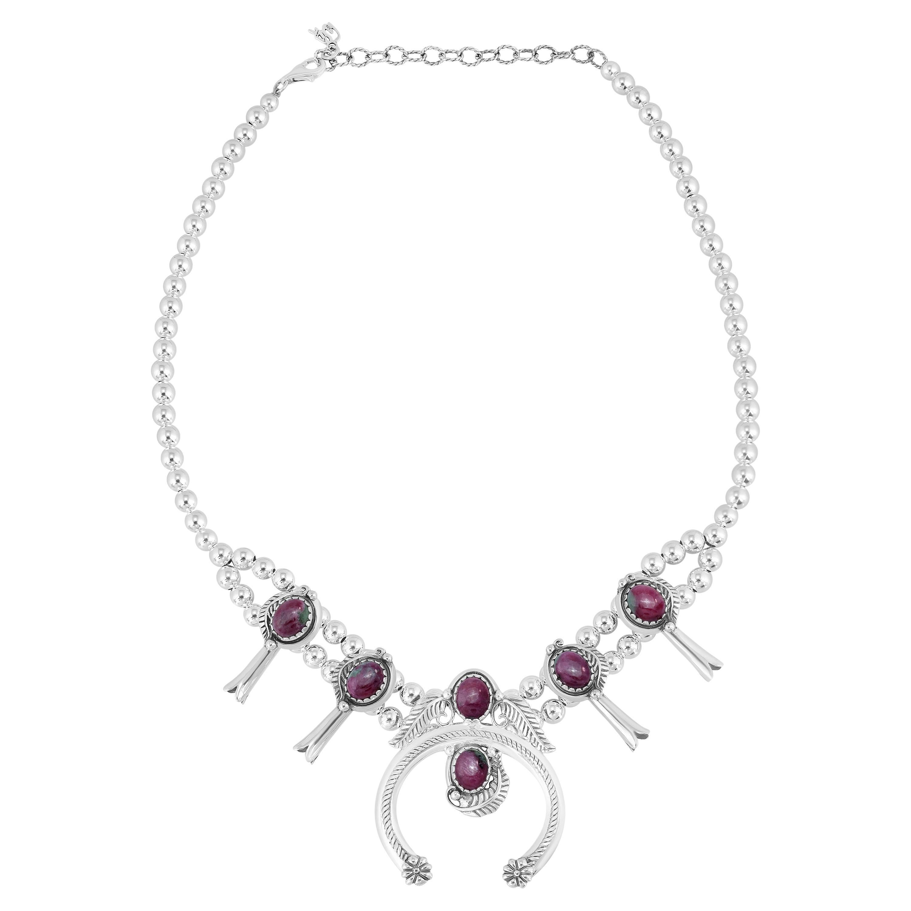 American West Sterling Silver Ruby Zoisite Oval Necklace, 17 to 20 Inches For Sale