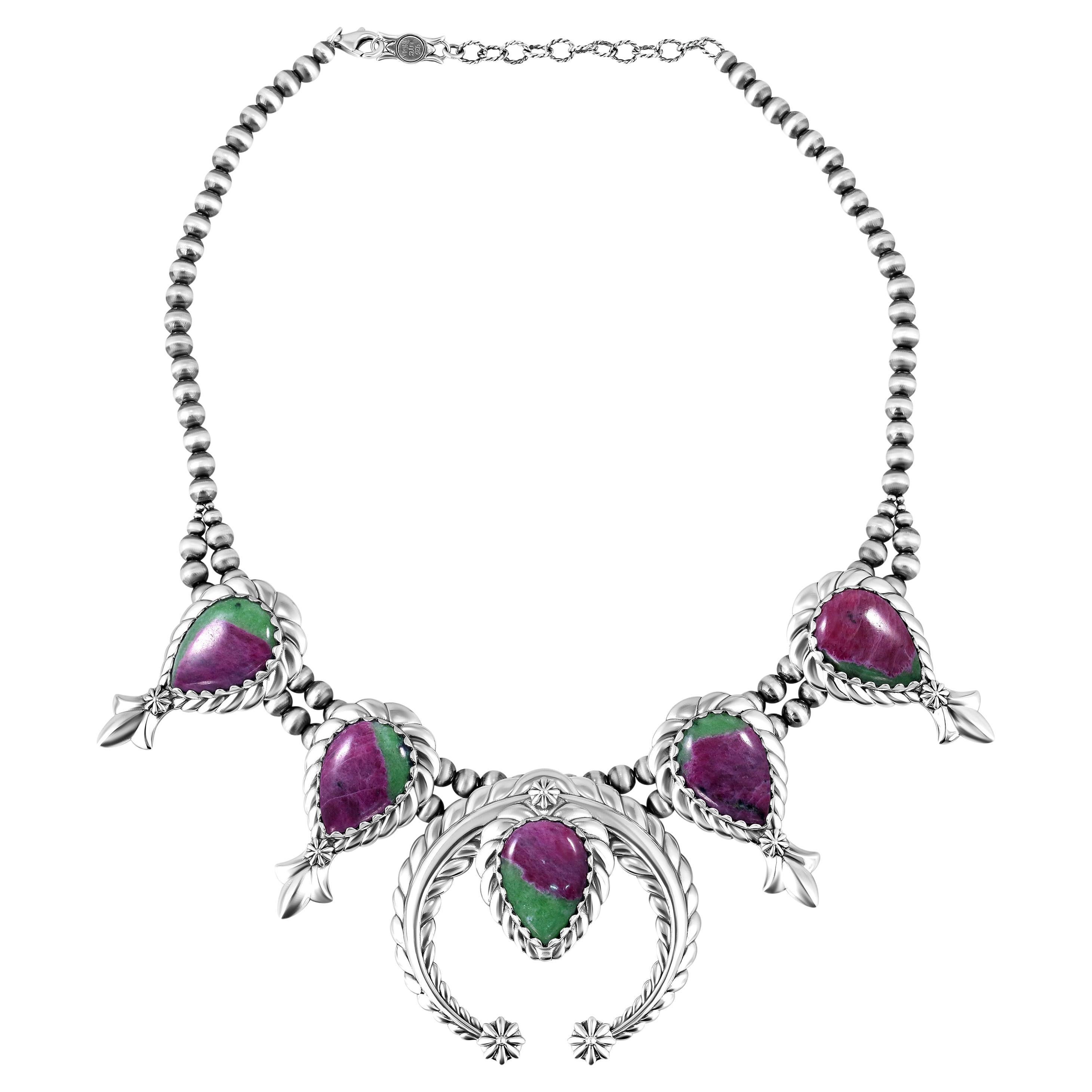 American West Sterling Silver Ruby Zoisite Pear-Cut Blossom Necklace