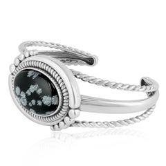 American West Sterling Silver Snowflake Obsidian Oval Rope Cuff Bracelet Large