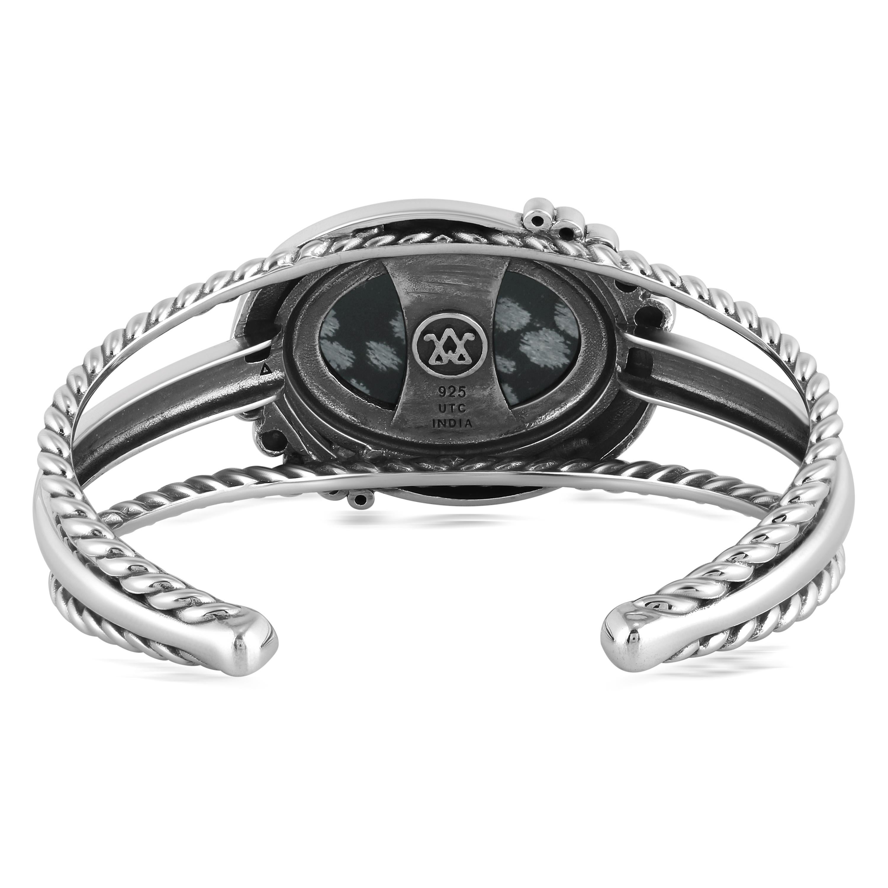 Amérindien Bracelet manchette en argent Sterling A Silver Snowflake Obsidian Bold Oval Rope en vente