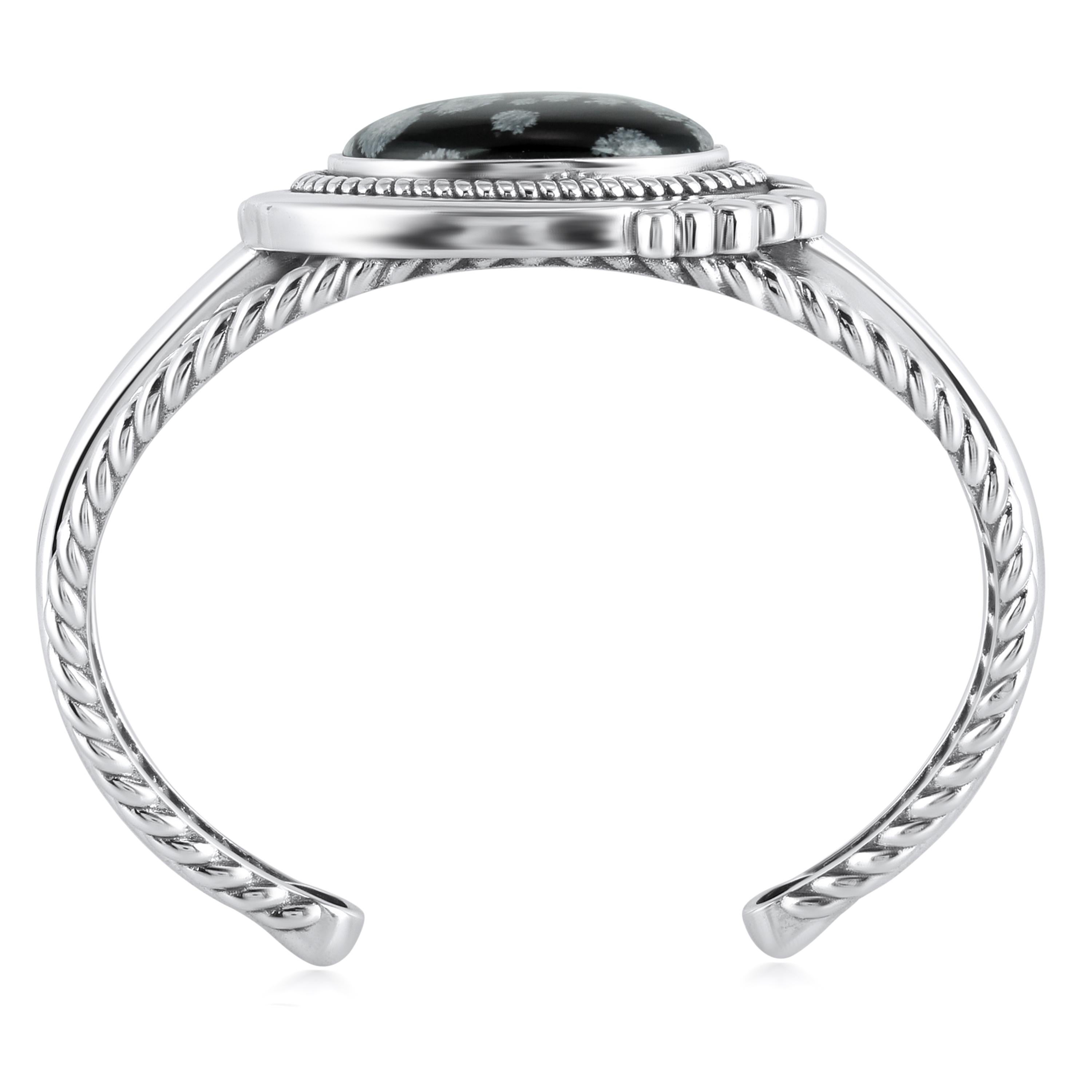 Amérindien Bracelet manchette en argent Sterling A Silver Snowflake Obsidian Bold Oval Rope en vente