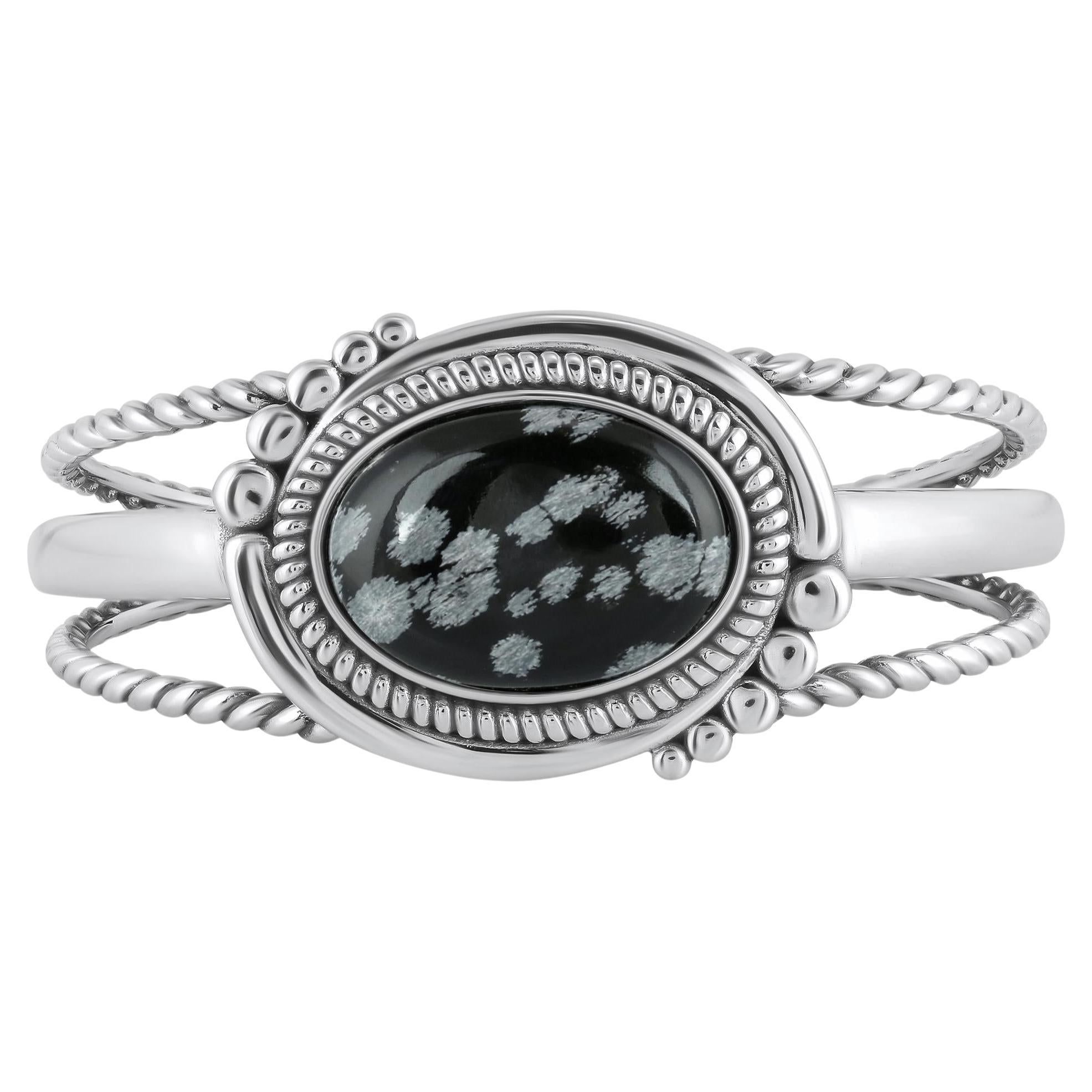 Bracciale a corda ovale in argento sterling American West con fiocco di neve e ossidiana in grassetto