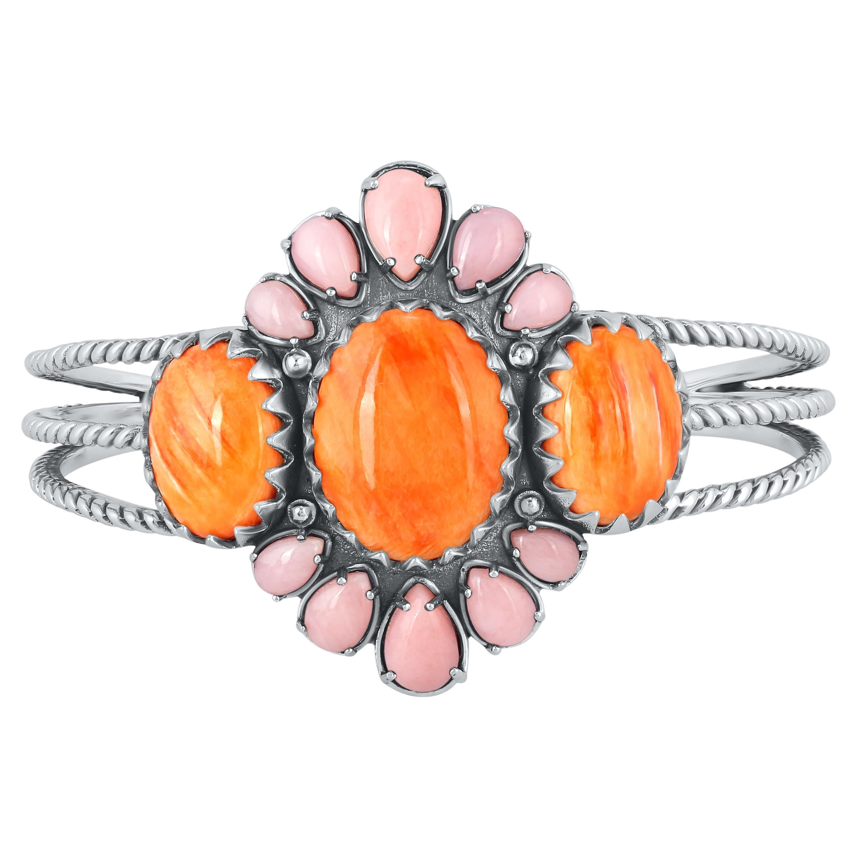 American West Sterling Silver Spiny Oyster and Pink Opal Cuff Bracelet, Small