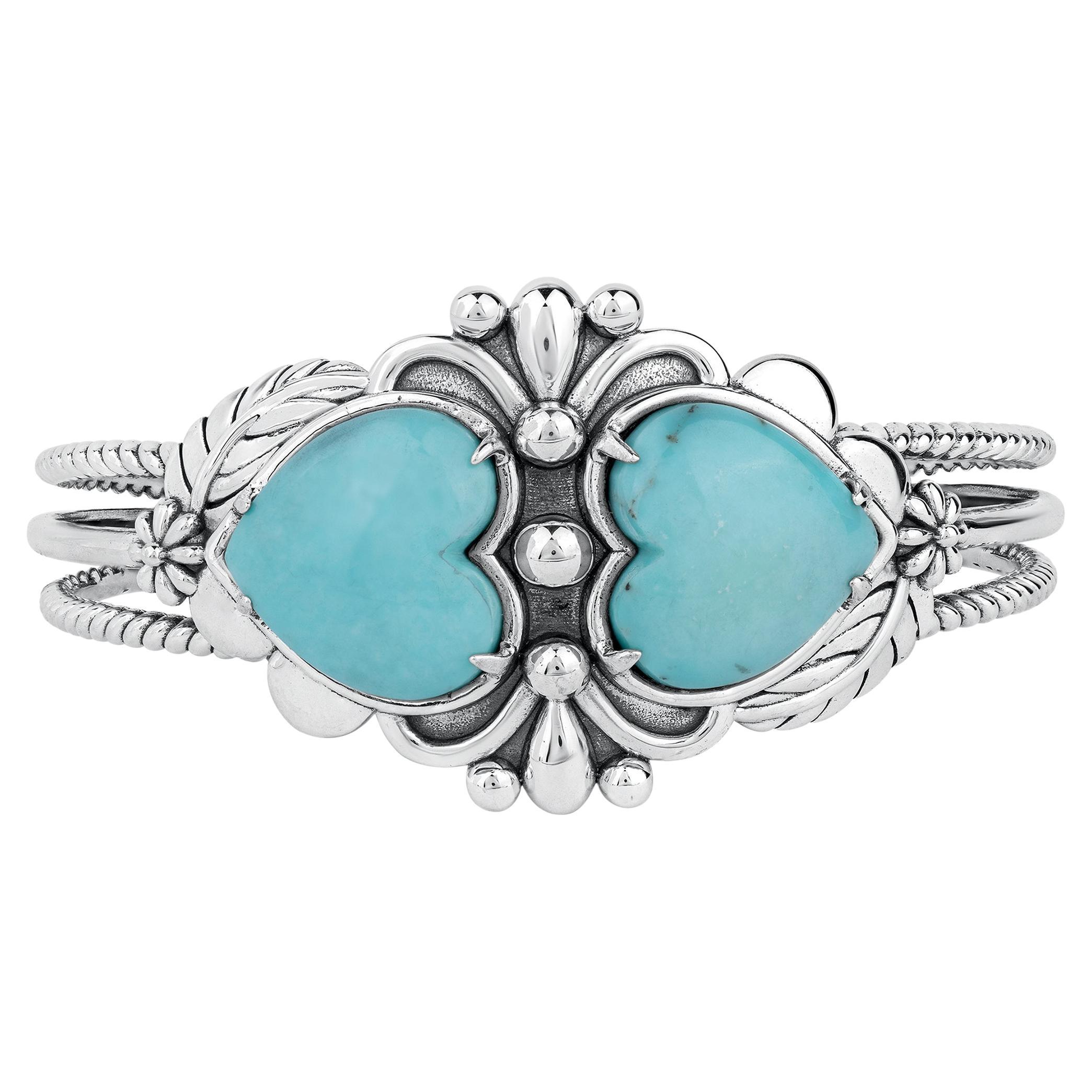 American West Sterling Silver Turquoise Double Heart Cuff Bracelet, Average