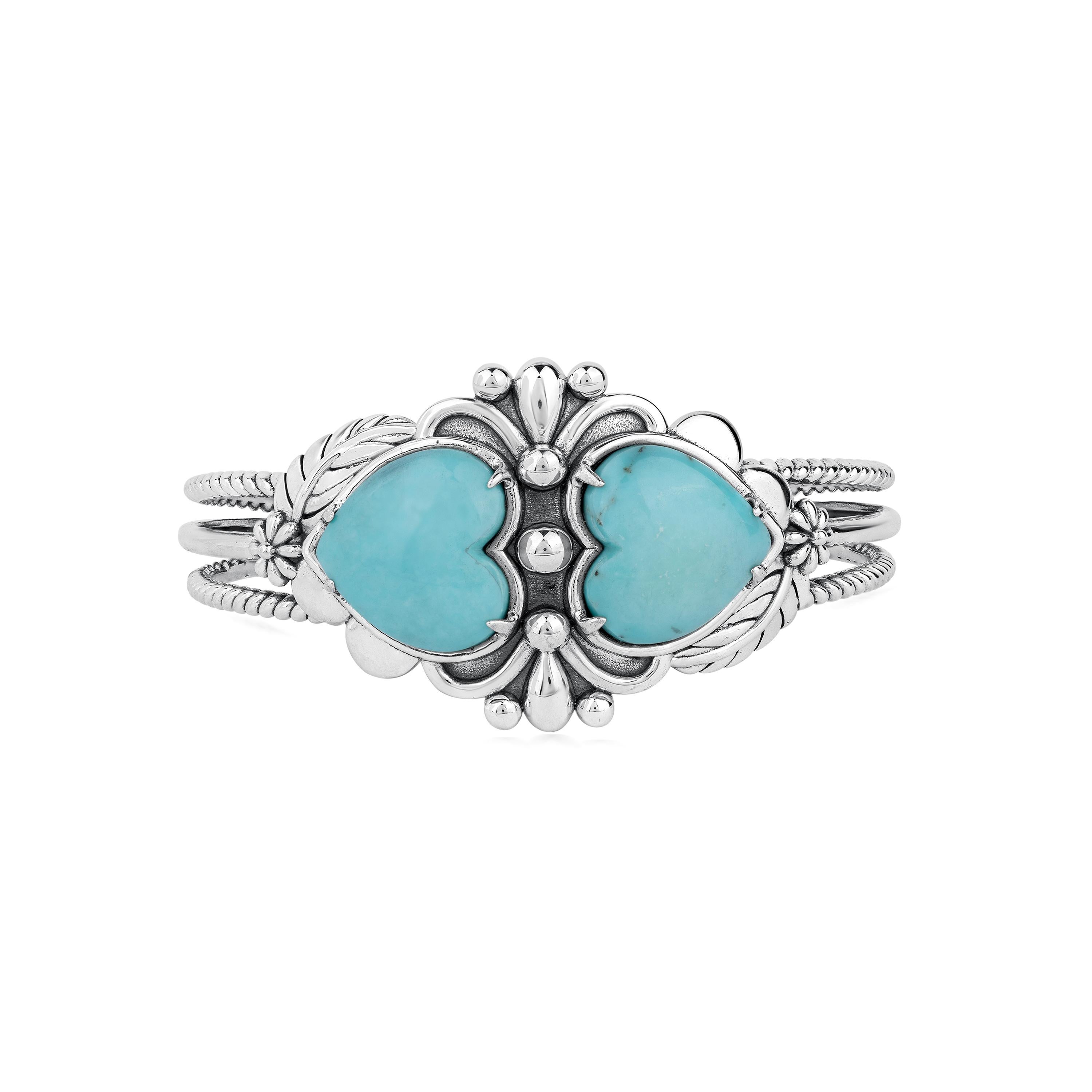 American West Sterling Silver Turquoise Double Heart Cuff Bracelet, Large For Sale