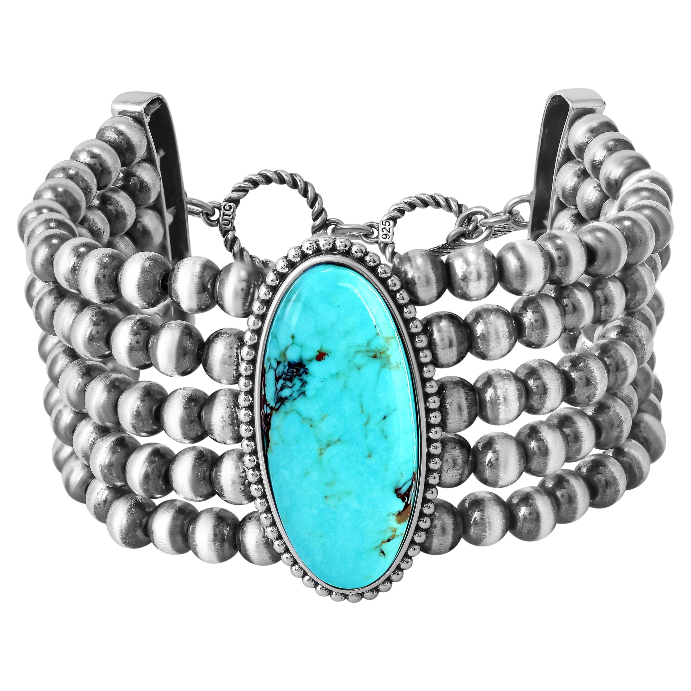 American West Sterling Silver Turquoise Oval Cut Beaded Toggle Bracelet, Average