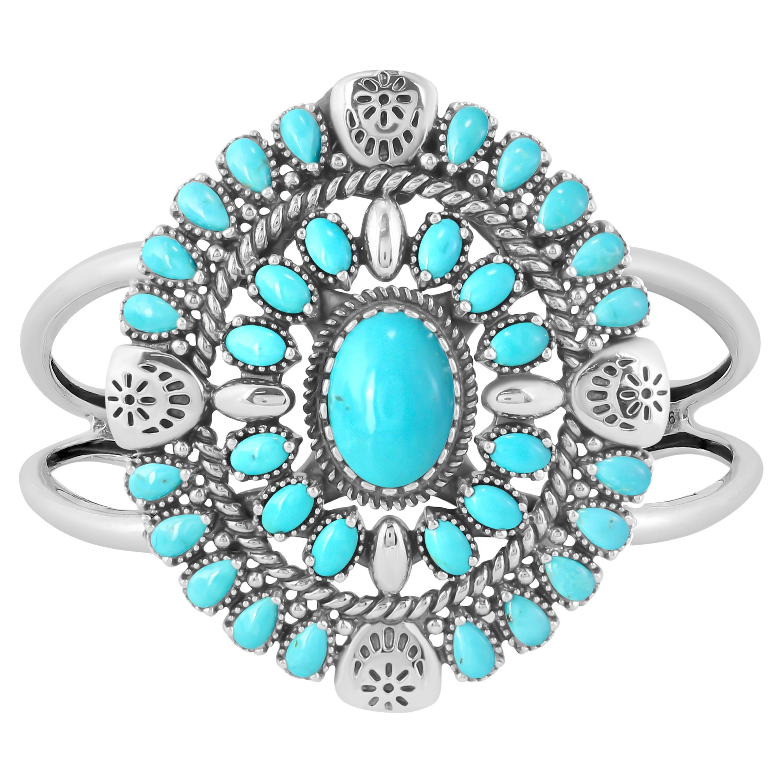 American West Sterling Silver Turquoise Oval Floral Cluster Cuff Bracelet, Small