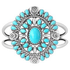 American West Sterling Silver Turquoise Oval Floral Cluster Cuff Bracelet, Small