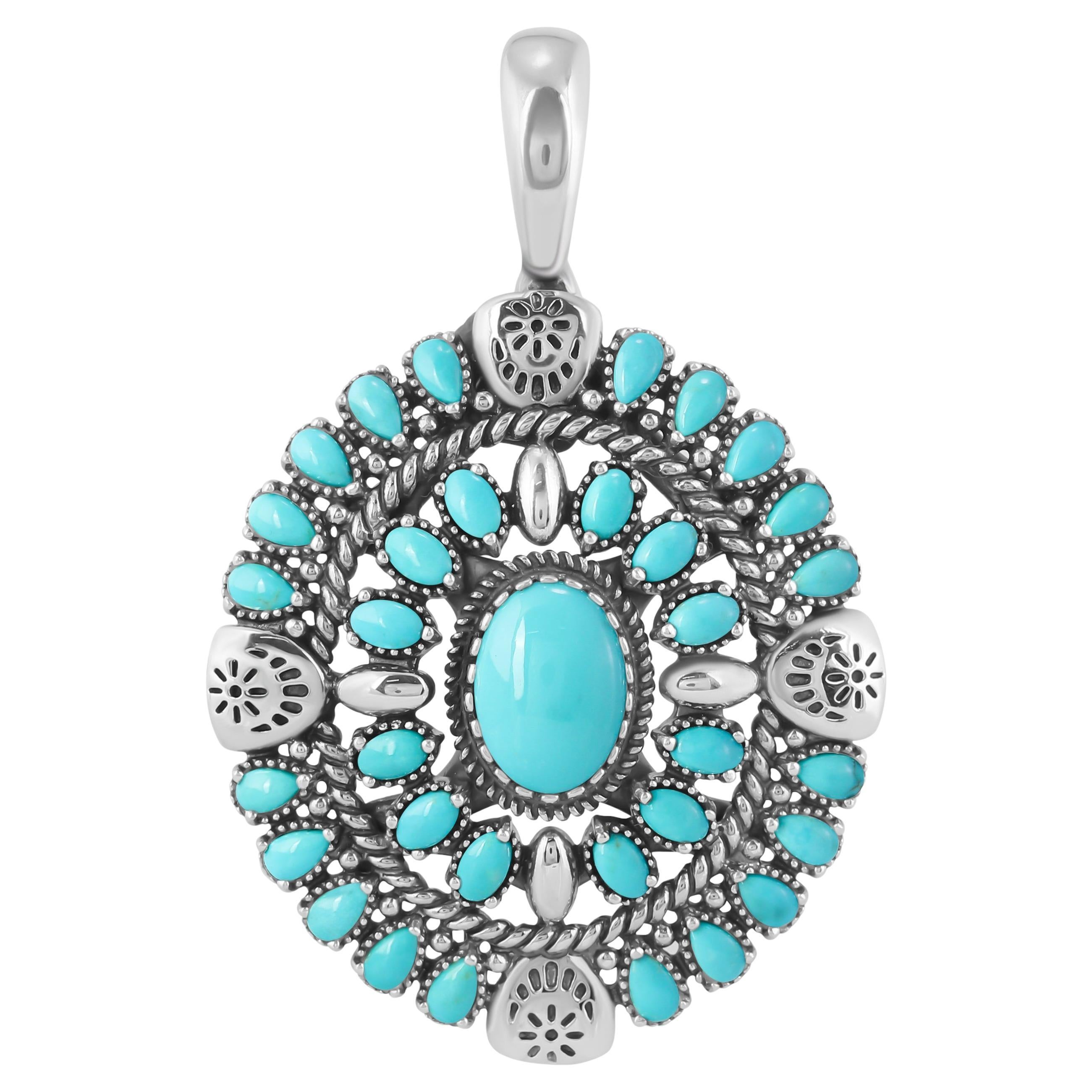 American West Sterling Silver Turquoise Oval Floral Cluster Pendant Enhancer