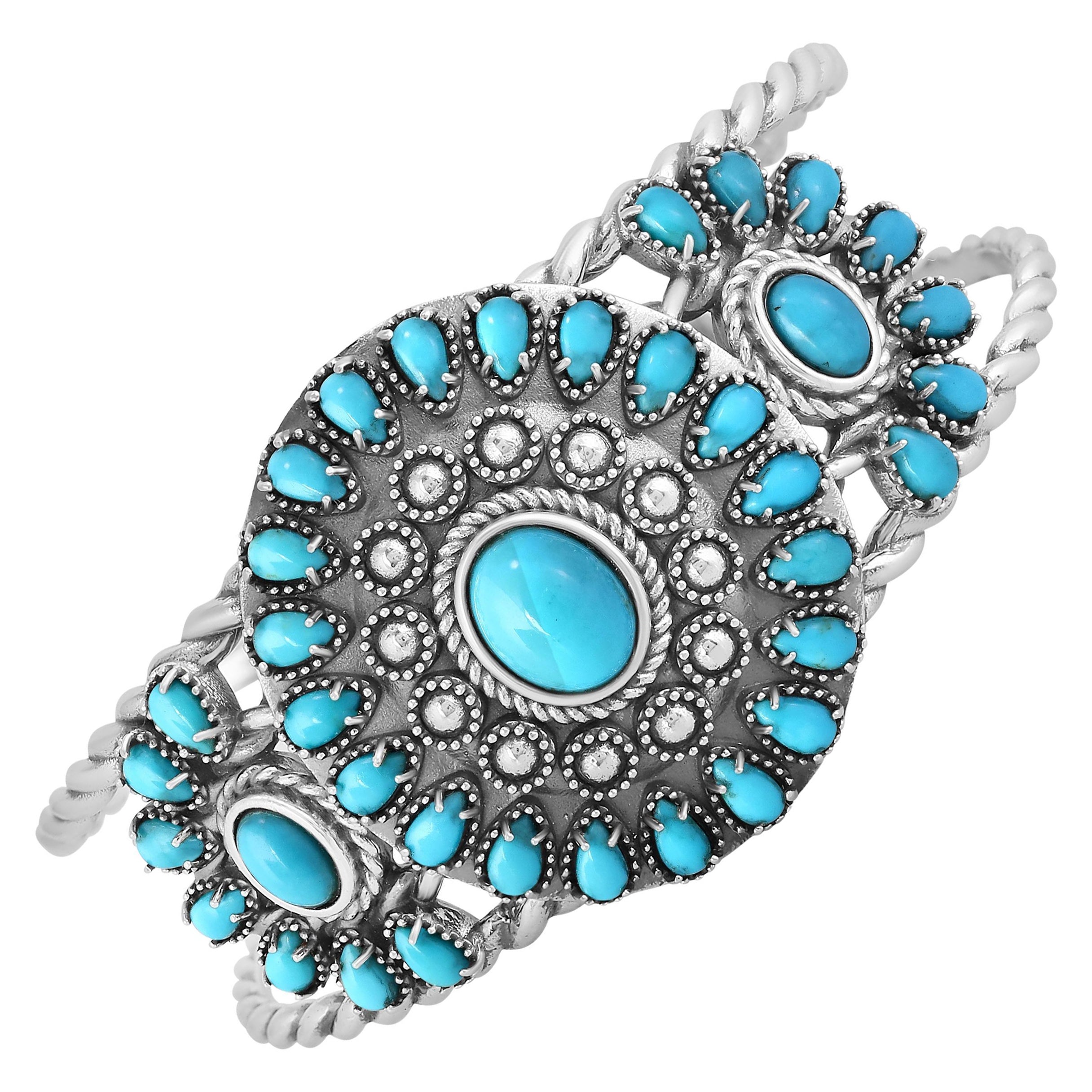 American West Sterling Silver Turquoise Pear and Oval Cut Cuff Bracelet, Large
