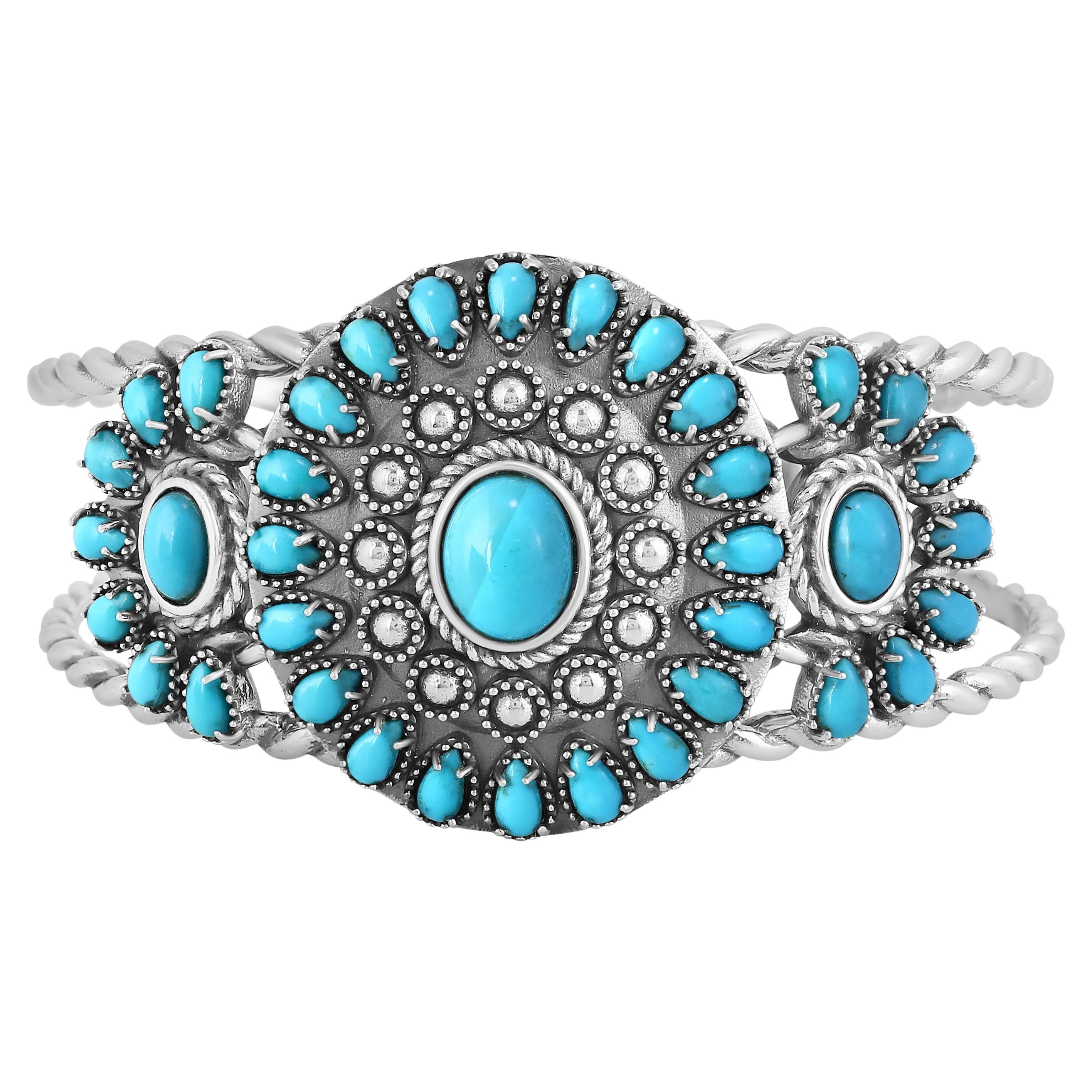 American West Sterling Silver Turquoise Pear and Oval Cut Cuff Bracelet, Small