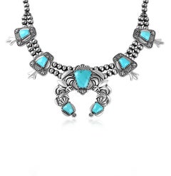 American West Sterling Silver Turquoise Squash Blossom Necklace, 17 to 20 Inches