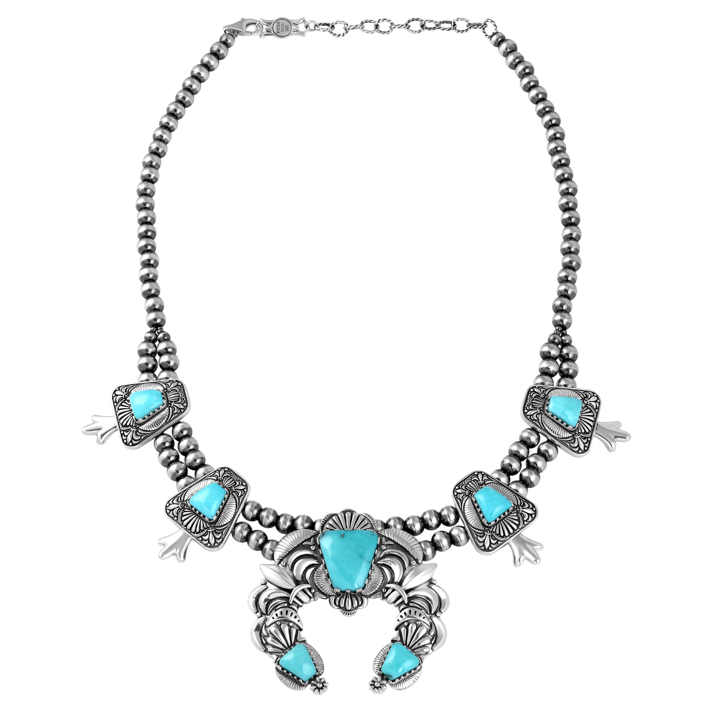 American West Sterling Silver Turquoise Squash Blossom Necklace, 17 to 20 Inches