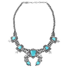 American West Sterling Silver Turquoise Squash Blossom Necklace, 17 to 20 Inches