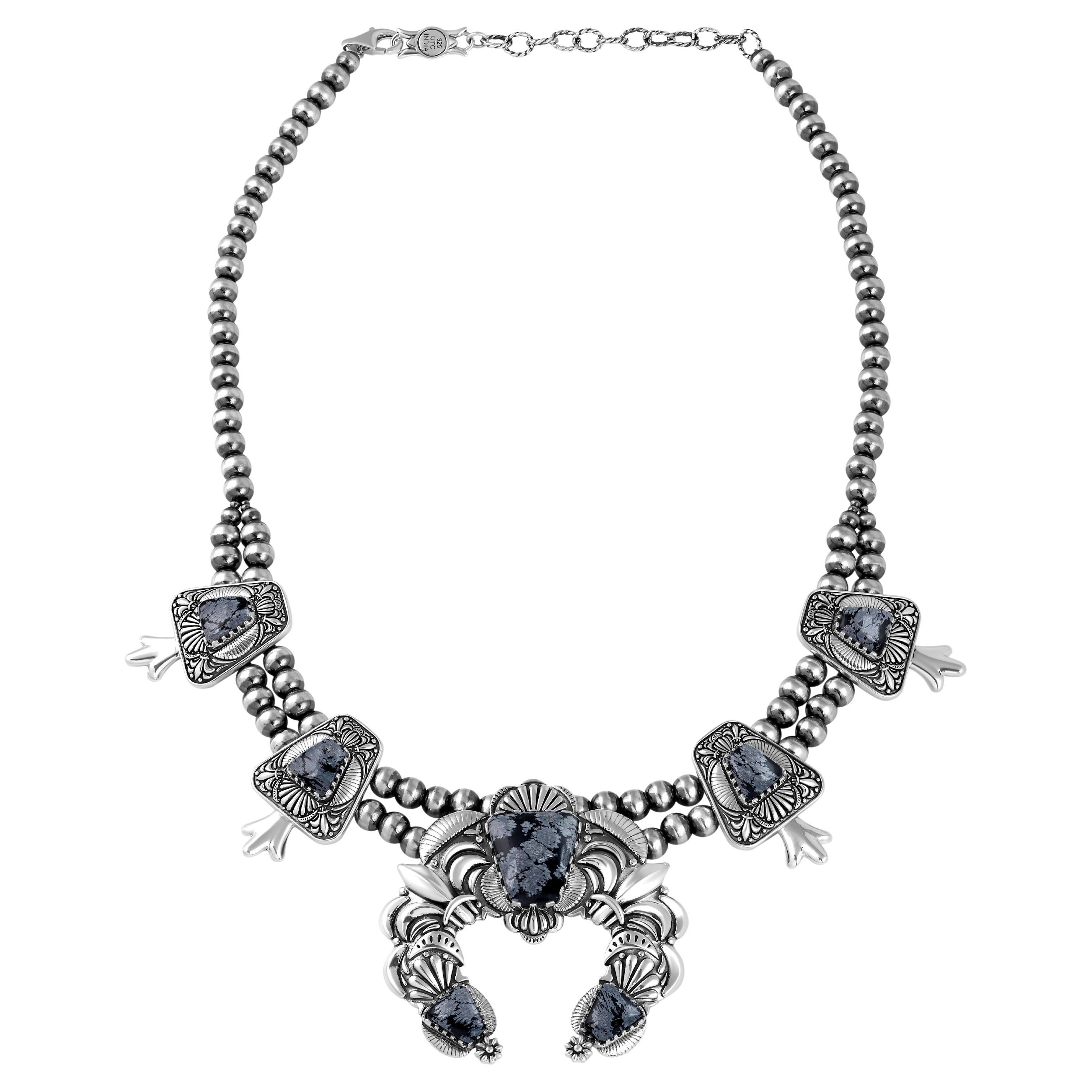 American West Sterling Silver Turquoise Squash Blossom Necklace, 17 to 20 Inches