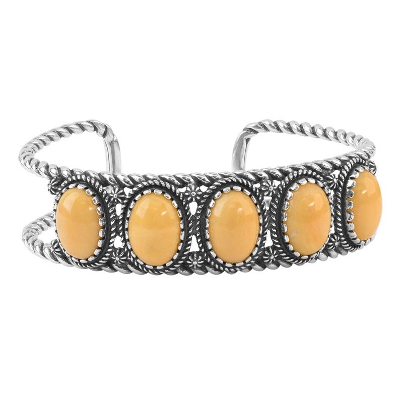 Brazalete de 5 piedras de jaspe amarillo del oeste americano de plata de ley en venta 1