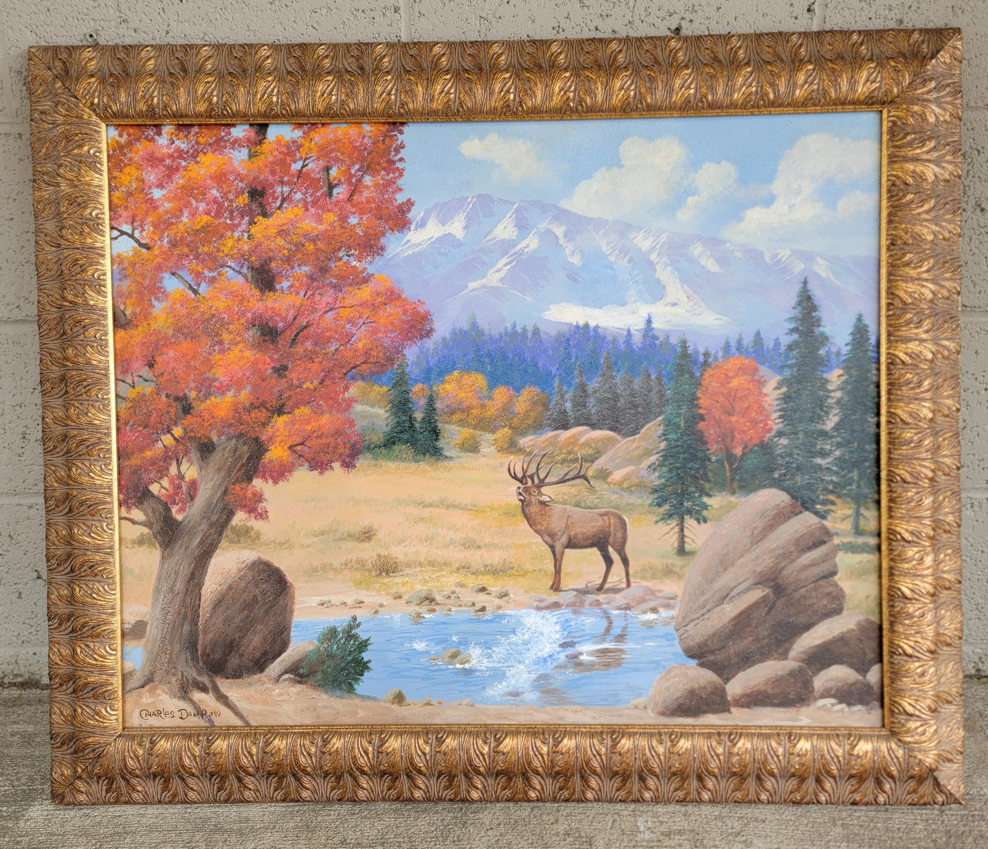 American Western Painting  by Charles Damrow Elk & Mountains For Sale 1