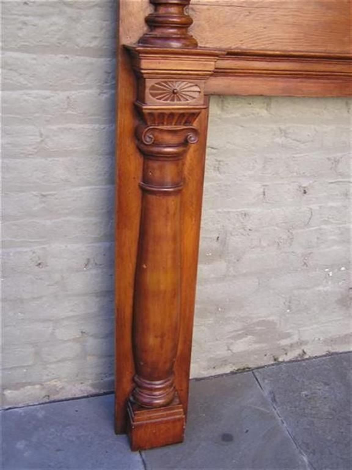 Hand-Carved American White Pine Sunburst and Flanking Urn Column Mantel Piece, Circa 1820 For Sale
