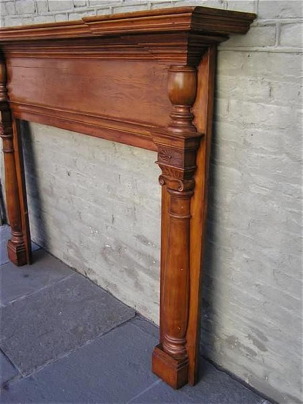 Early 19th Century American White Pine Sunburst and Flanking Urn Column Mantel Piece, Circa 1820 For Sale