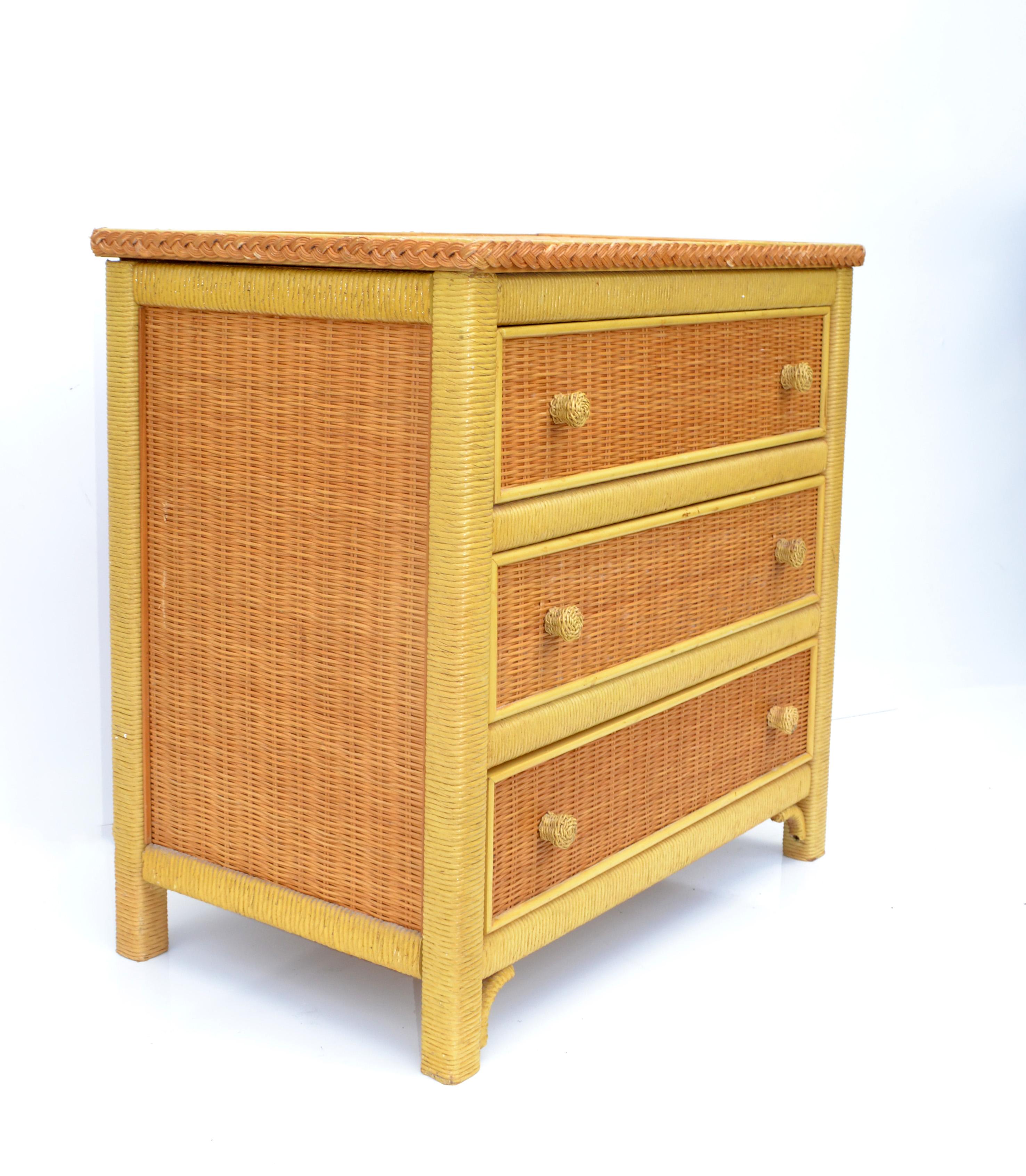 American Mid-Century Modern Wicker by Henry Link handcrafted Girl's Chest, Commode, Chest of 3 Drawers, made out of Bentwood Wicker, and hand woven cane. 
Great Children Bedroom Furniture.
All original 1980s condition with some minor scuffs, marks