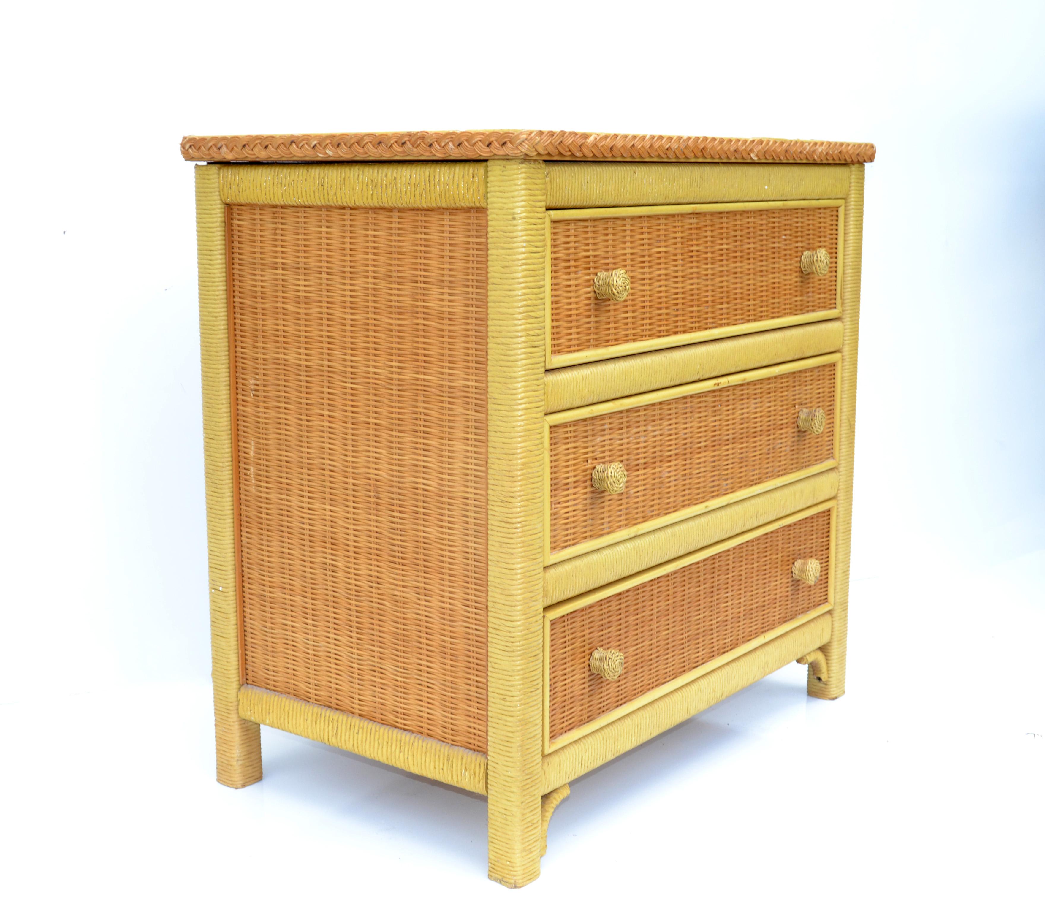 Mid-Century Modern American Wicker by Henry Link Chest of Three Drawers, Cabinet, Bachelor's Chest