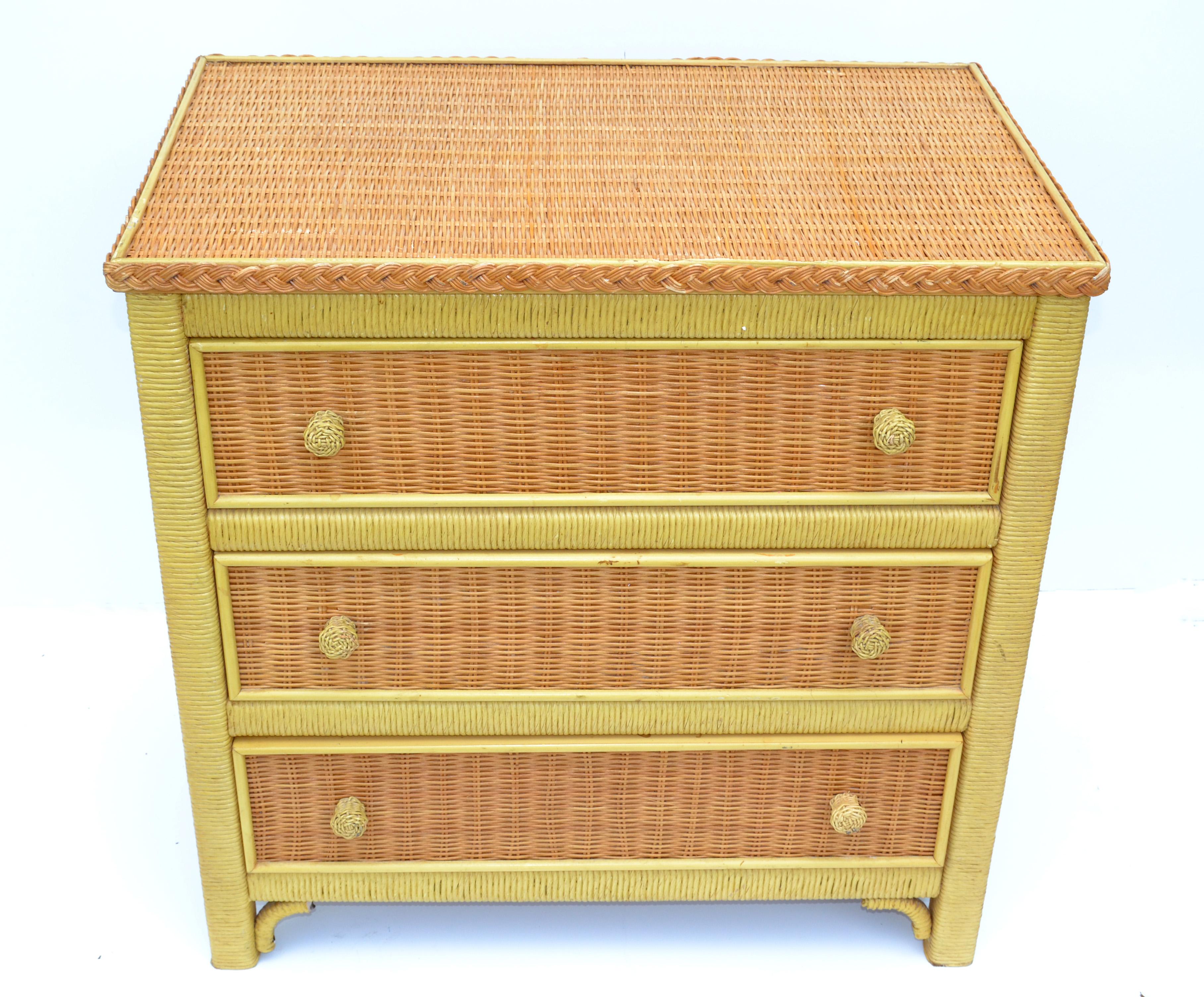 Late 20th Century American Wicker by Henry Link Chest of Three Drawers, Cabinet, Bachelor's Chest