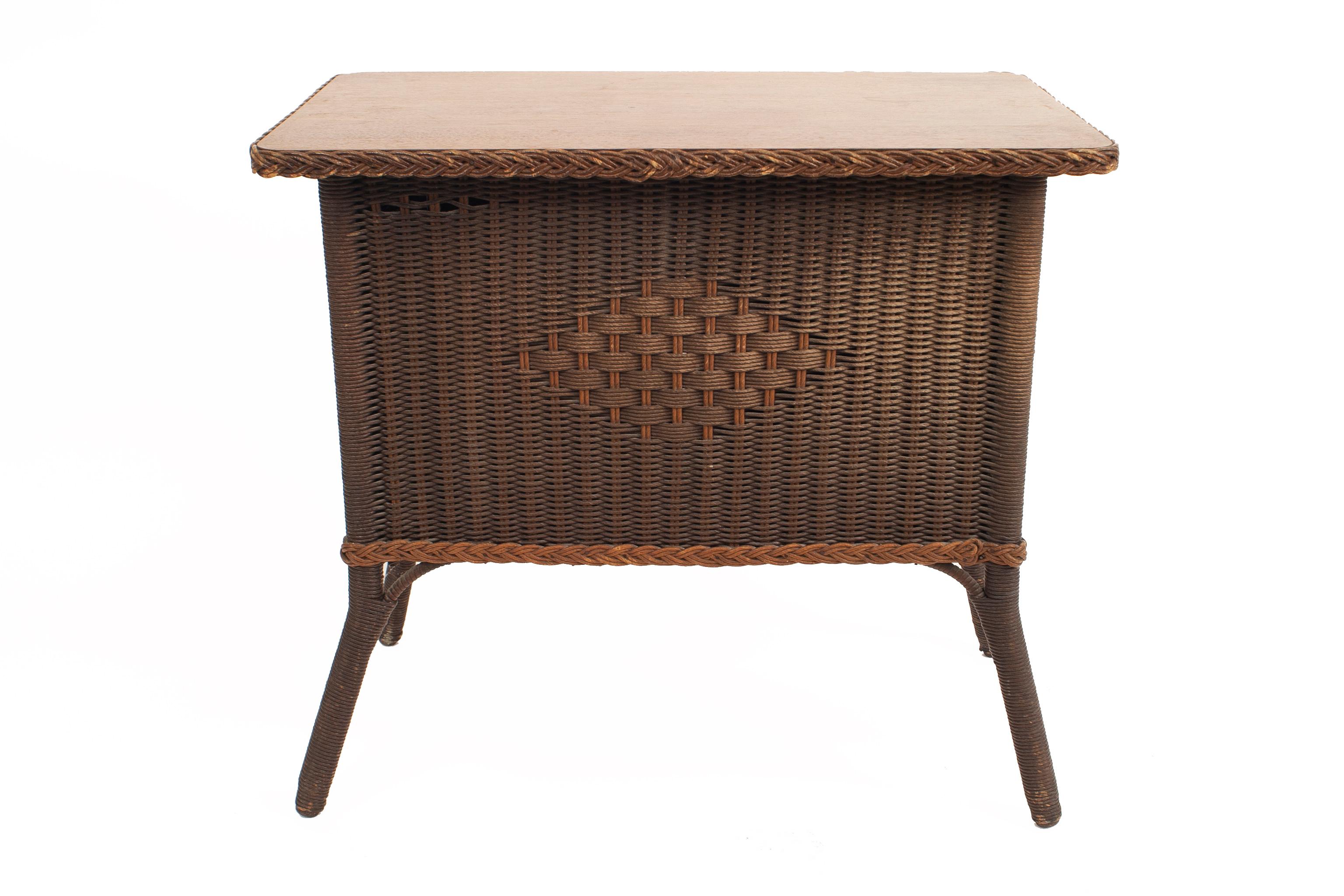 American wicker (fiber) Mission style (second quarter of the 20th century) small rectangular commode with 2 doors and an oak top (sheboygen fiber furniture label).