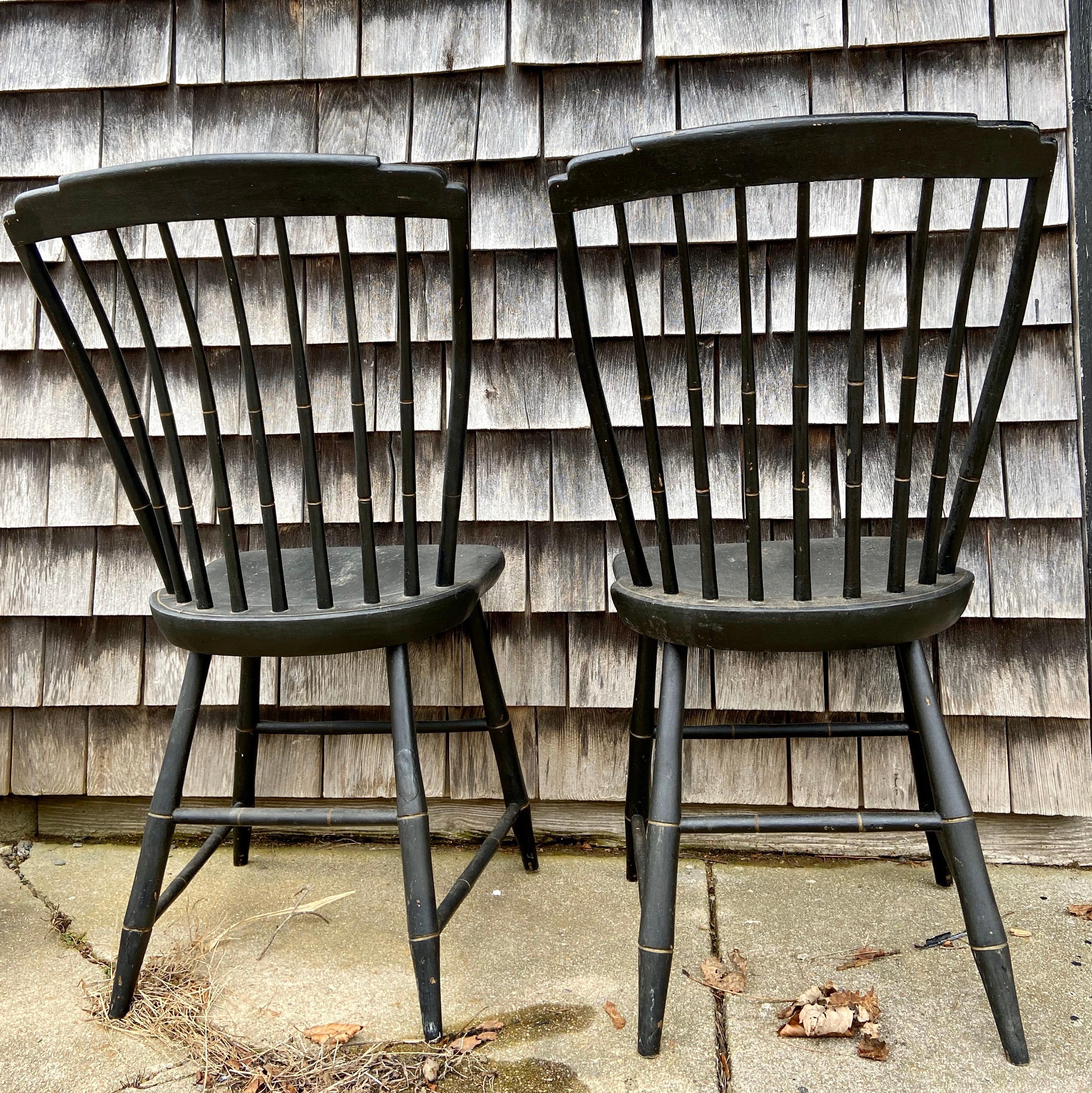 Gold Leaf American Windsor Hickory Oakwood Handpainted Stenciled Chairs Black and Gold For Sale