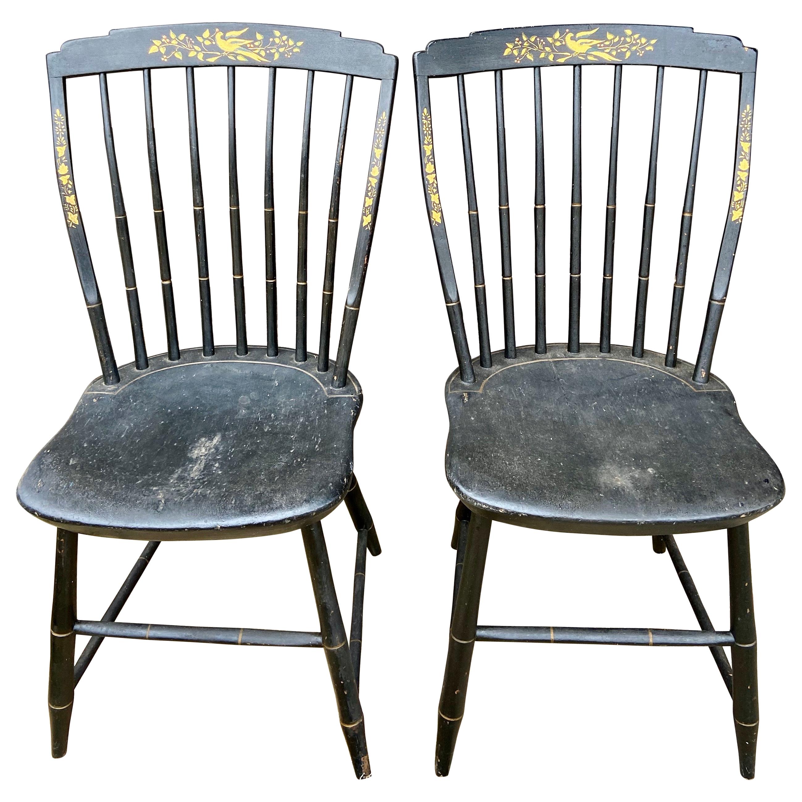 American Windsor Hickory Oakwood Handpainted Stenciled Chairs Black and Gold For Sale